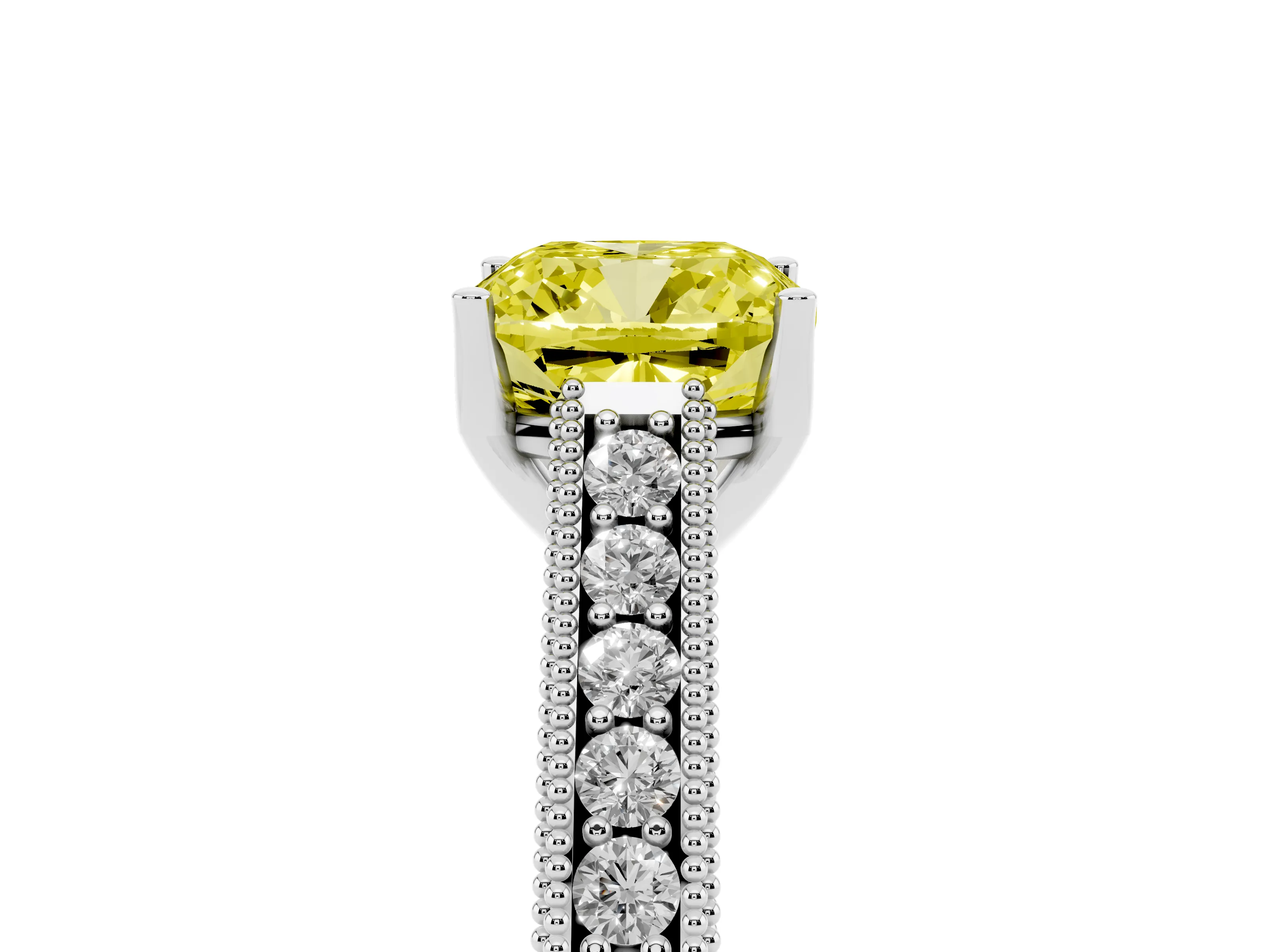 Fancy Yellow Cushion Cut Diamond Milgrain Pavé Band Solitaire Ring Set in White gold with Prong Setting