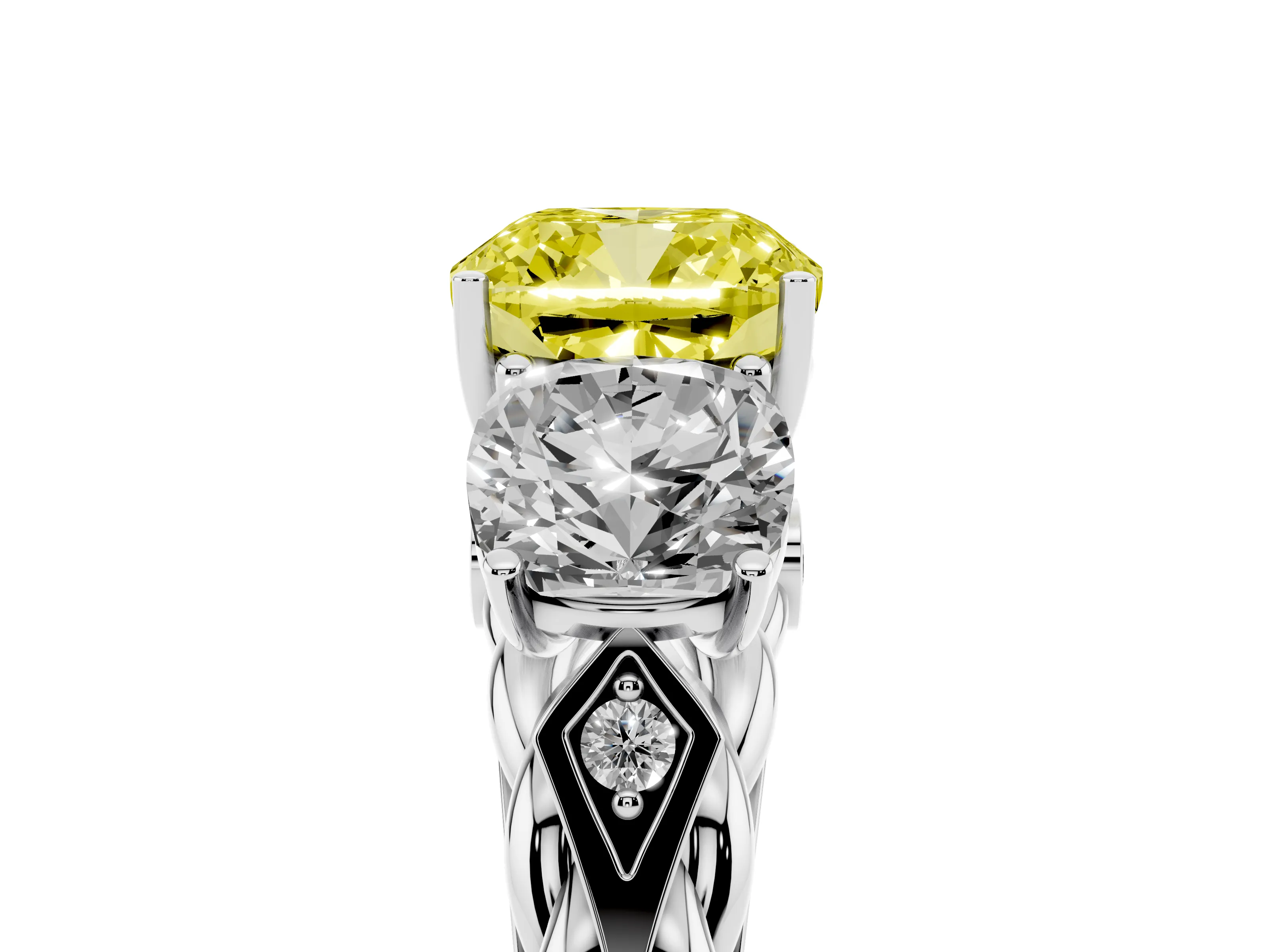 Fancy Yellow Cushion Cut Diamond Three-Stone Ring Set in Platinum with Braided Band