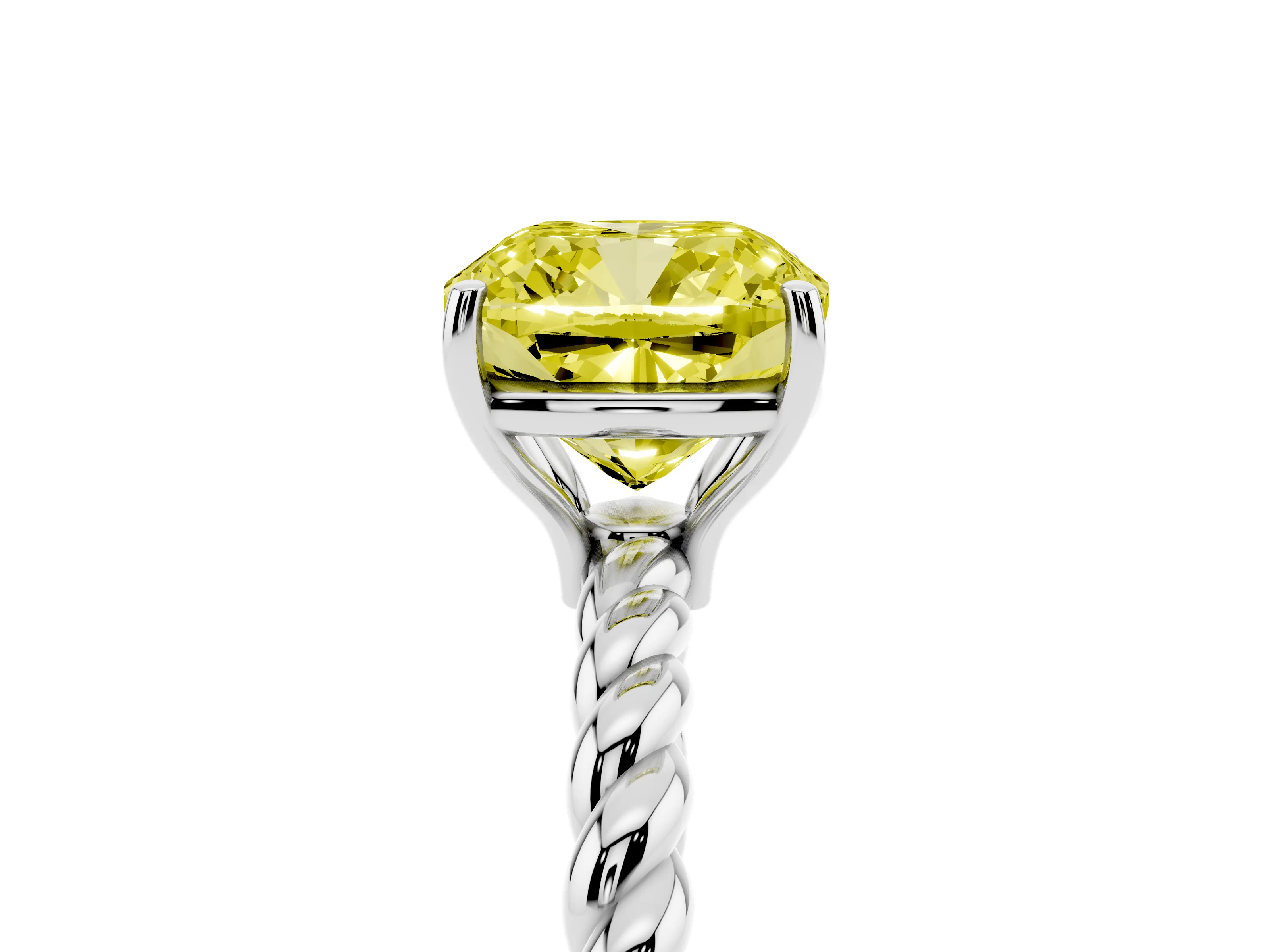 Fancy Yellow Cushion Cut Diamond Solitaire Ring Set in Platinum with Twist Band and Prong Setting