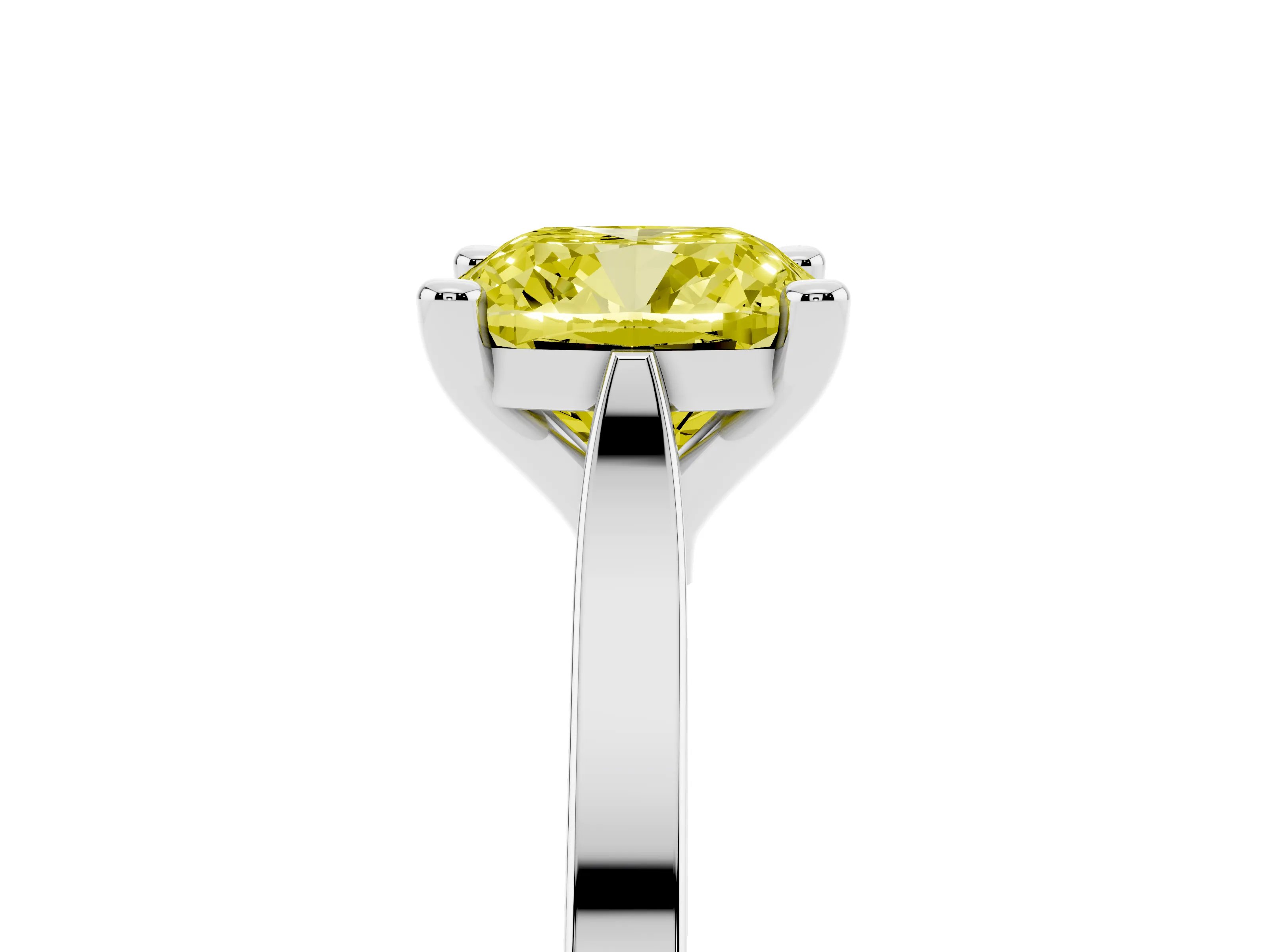 Fancy Yellow Cushion Cut Diamond Solitaire Ring Set in Platinum with Prong Setting and Tapered Band