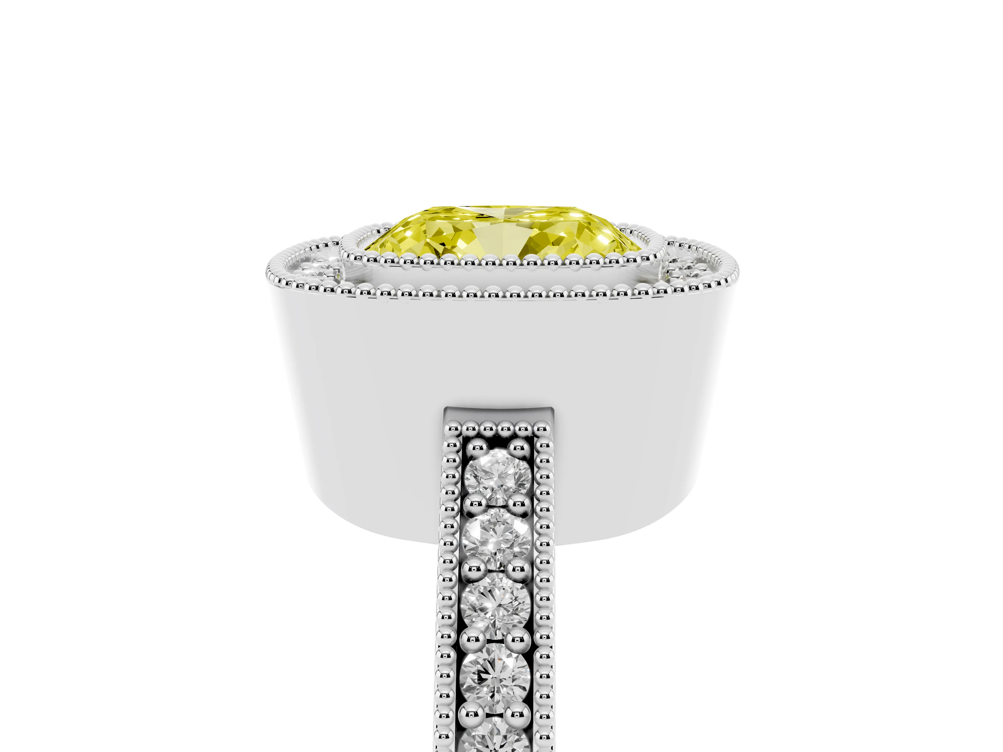Fancy Yellow Cushion Cut Diamond Halo Engagement Ring Set in White gold with Pavé Band and Round Halo Stones