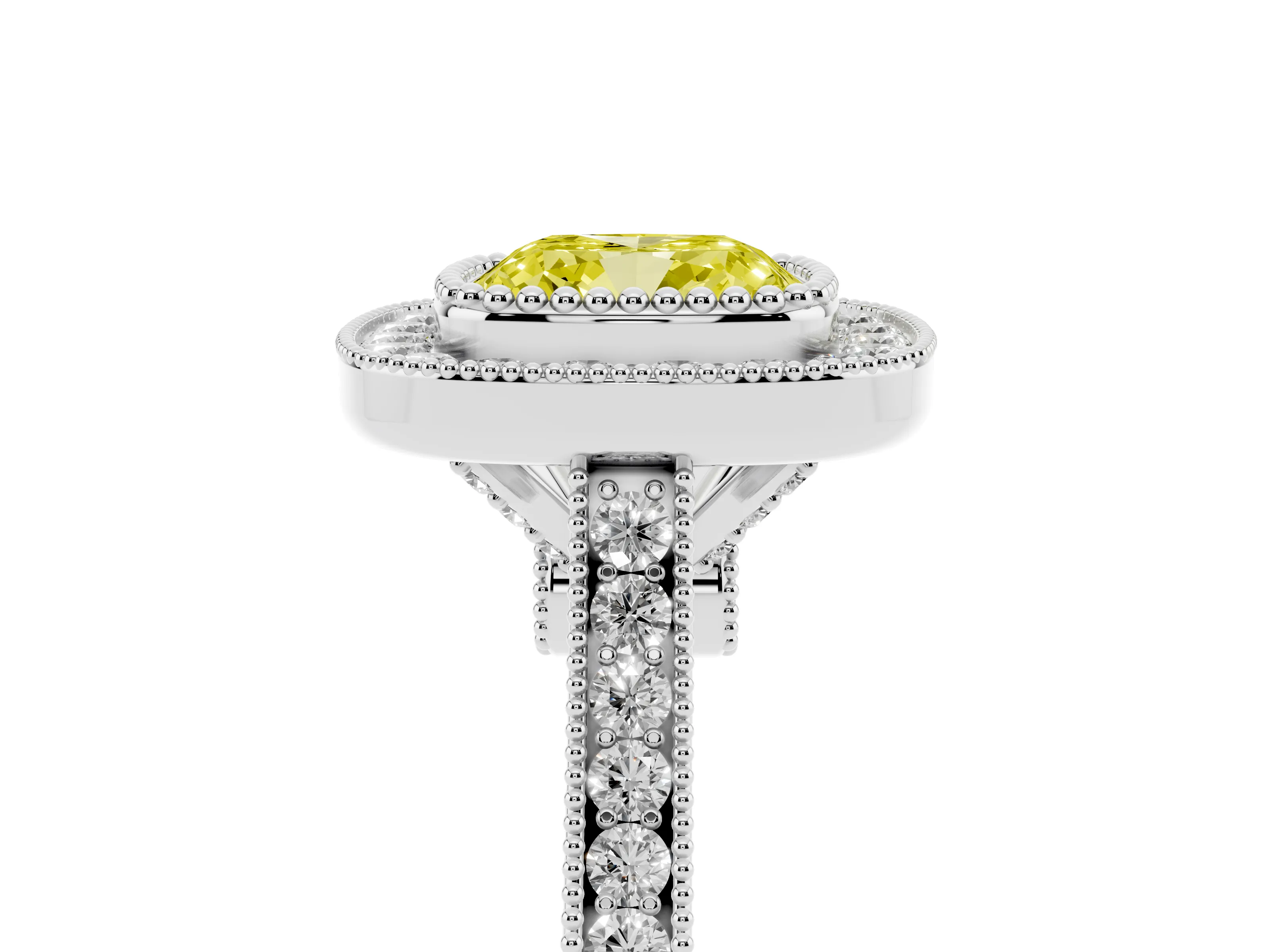 Fancy Yellow Cushion Cut Diamond Halo Ring Set in White gold with Milgrain Frame and Pavé Band