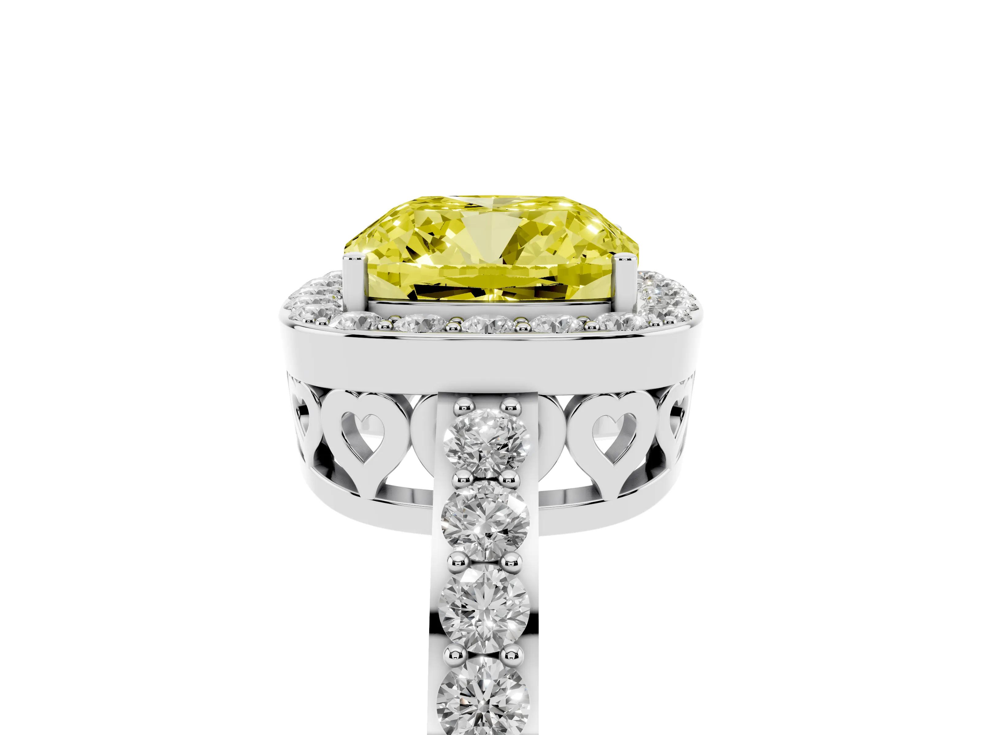 Fancy Yellow Cushion Cut Diamond Halo Ring Set in White gold with Pavé-Setting Band and Open Prong Center