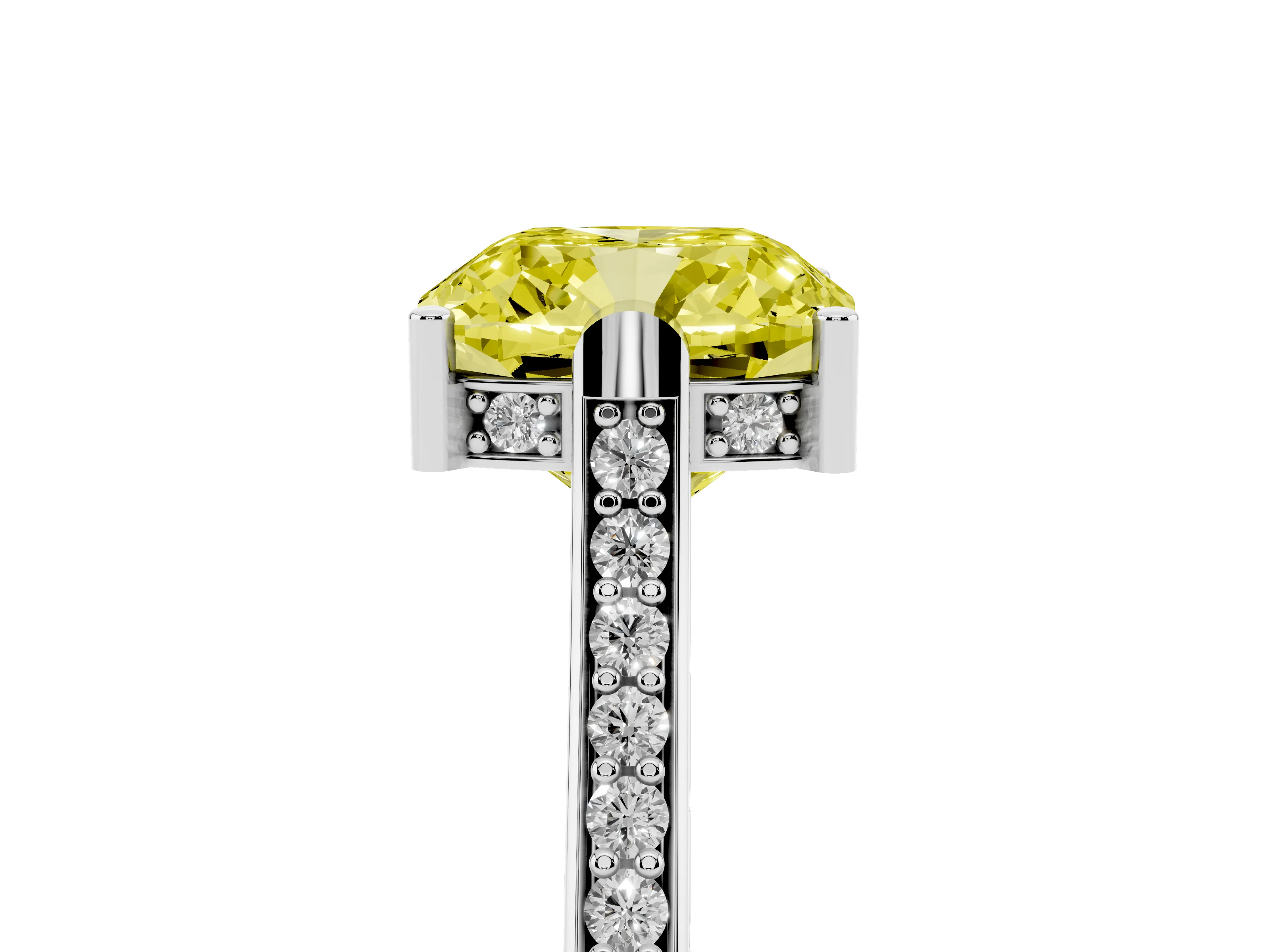 Fancy Yellow Cushion Cut Diamond Solitaire Ring Set in Platinum with Channel Set Band and Bezel Prong Setting
