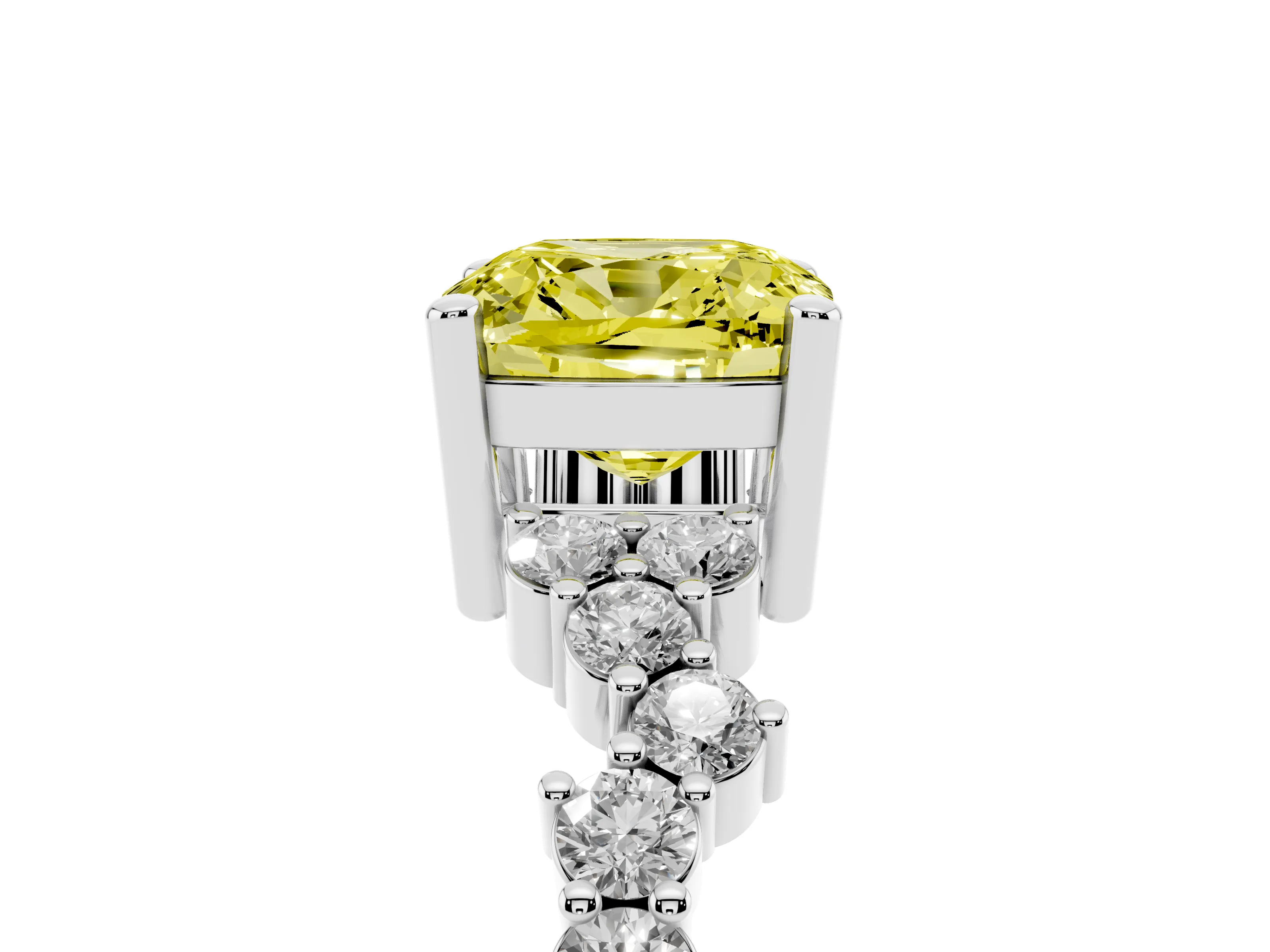Fancy Yellow Cushion Cut Diamond Ring Set in White gold with Scattered Round Accents