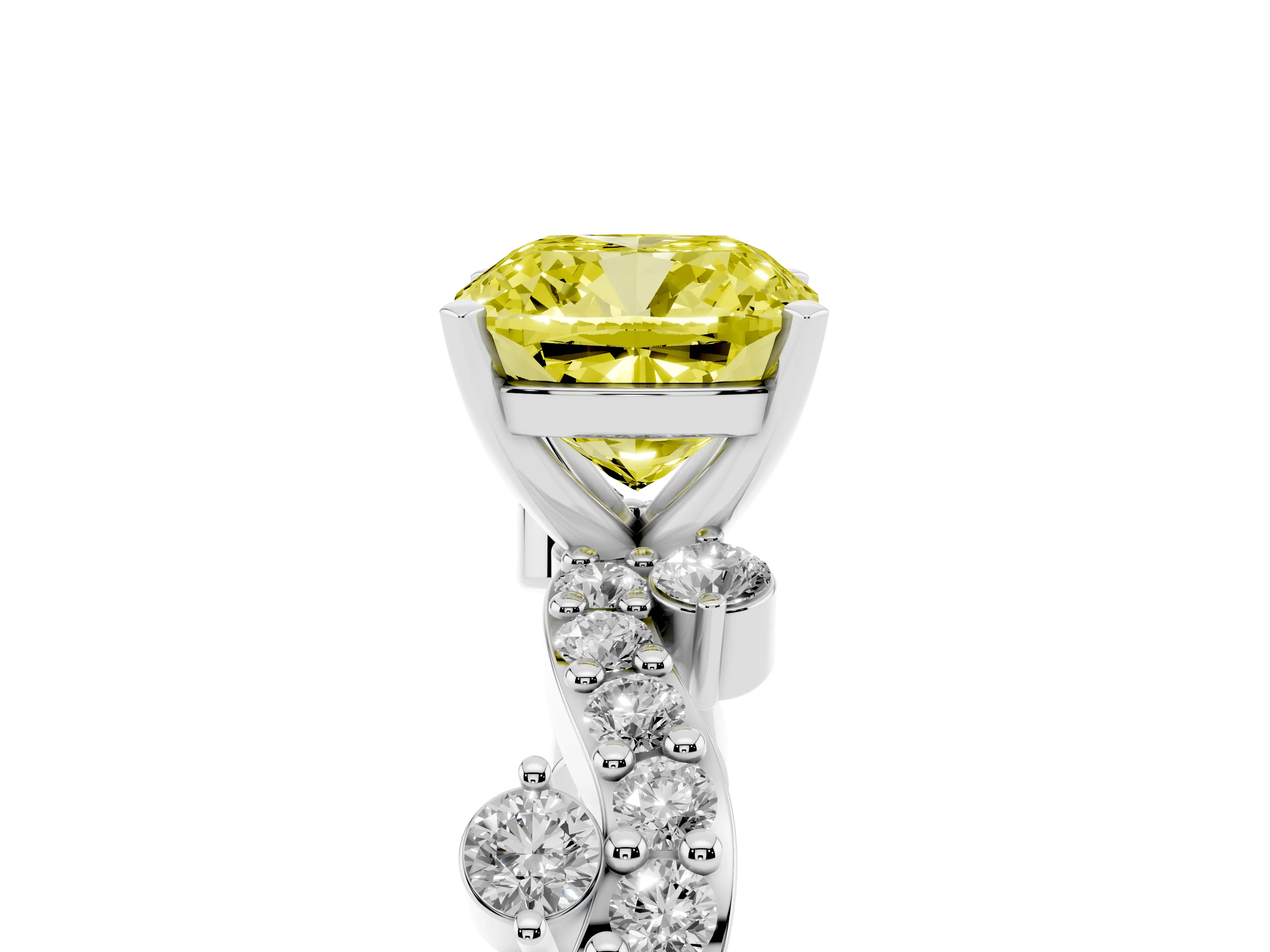 Fancy Yellow Cushion Cut Diamond Solitaire Twisted Band Set in White gold with Pavé Setting