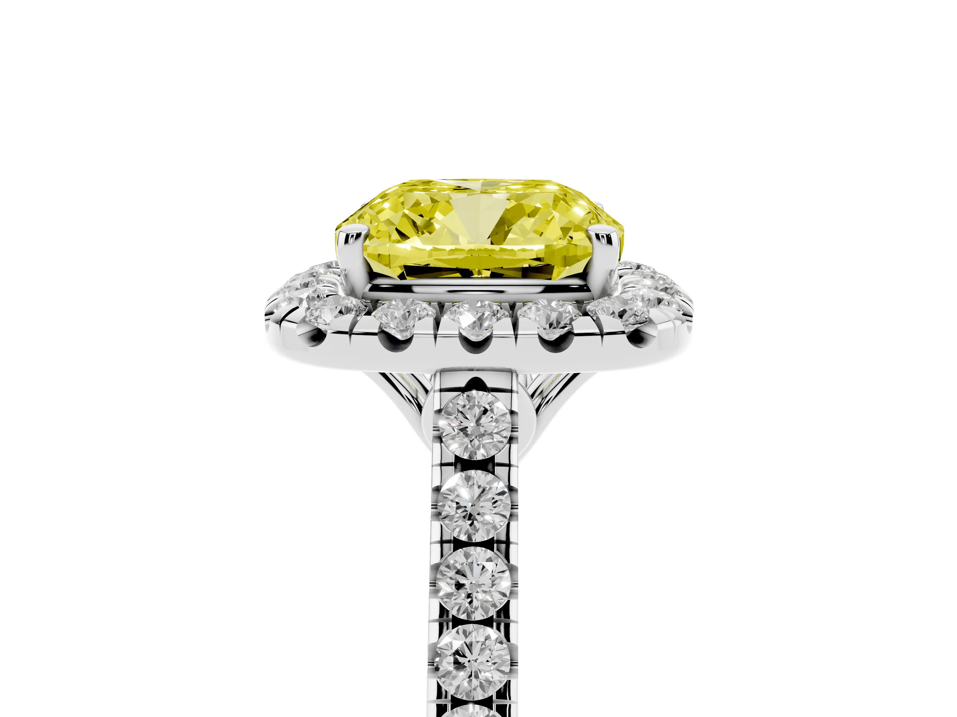 Fancy Yellow Cushion Cut Diamond Pavé Halo Engagement Ring Set in Platinum with Pavé Band and Prong Setting