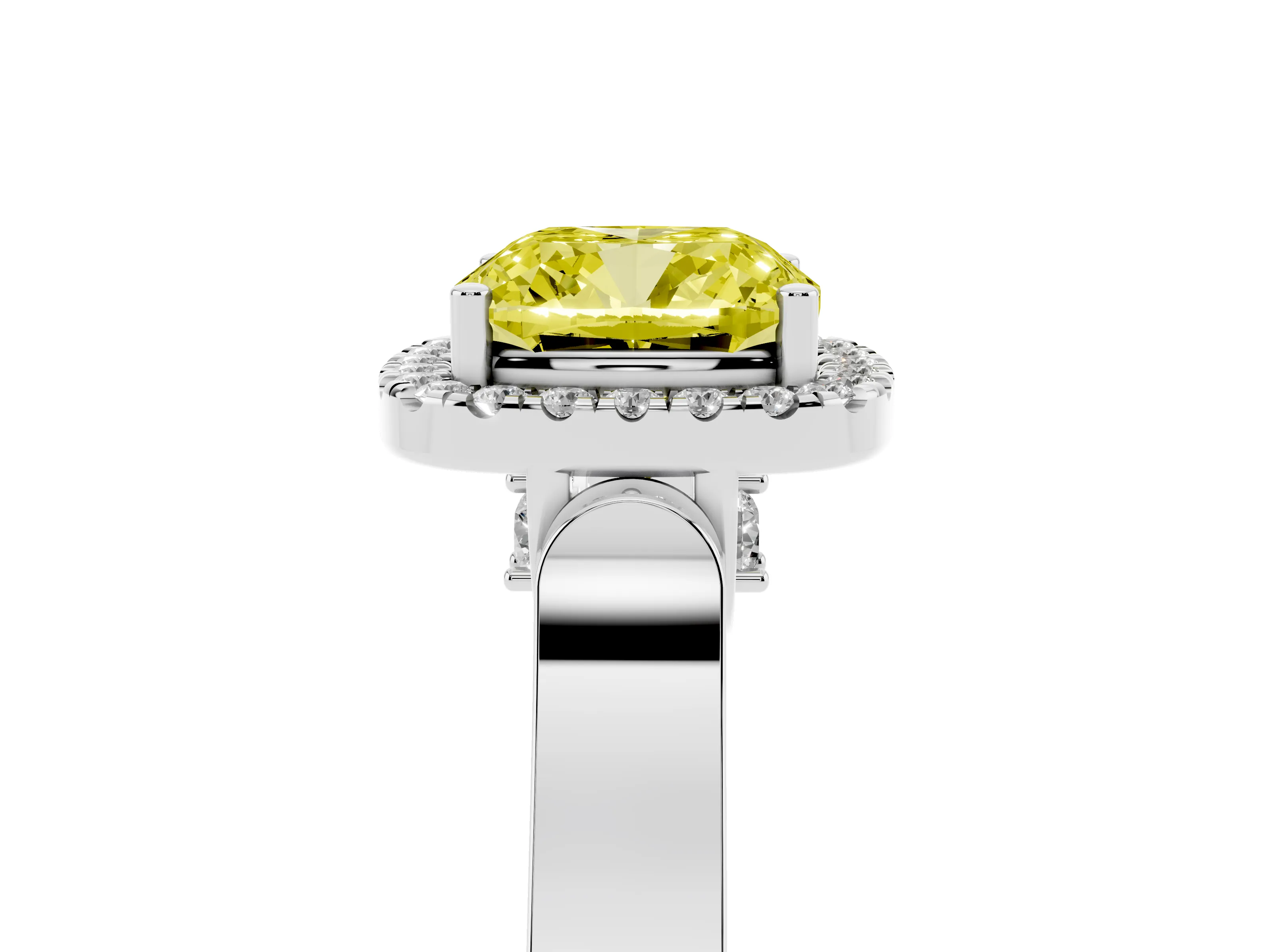 Fancy Yellow Cushion Cut Diamond Halo Ring Set in Platinum with Pavé-Lined Split Shank Band