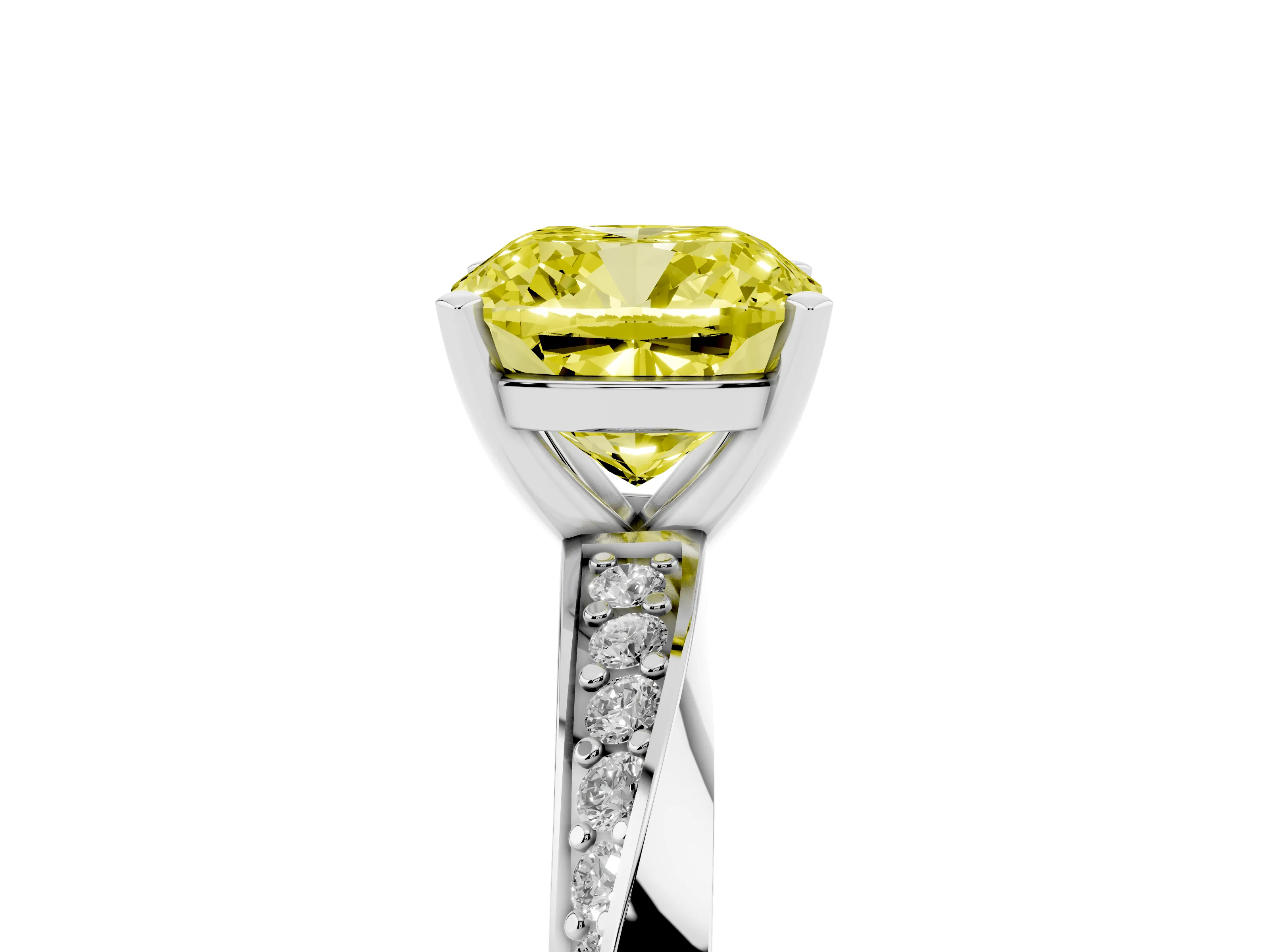 Fancy Yellow Cushion Cut Diamond Engagement Ring Set in Platinum with Side Stone Accents and Prong Setting