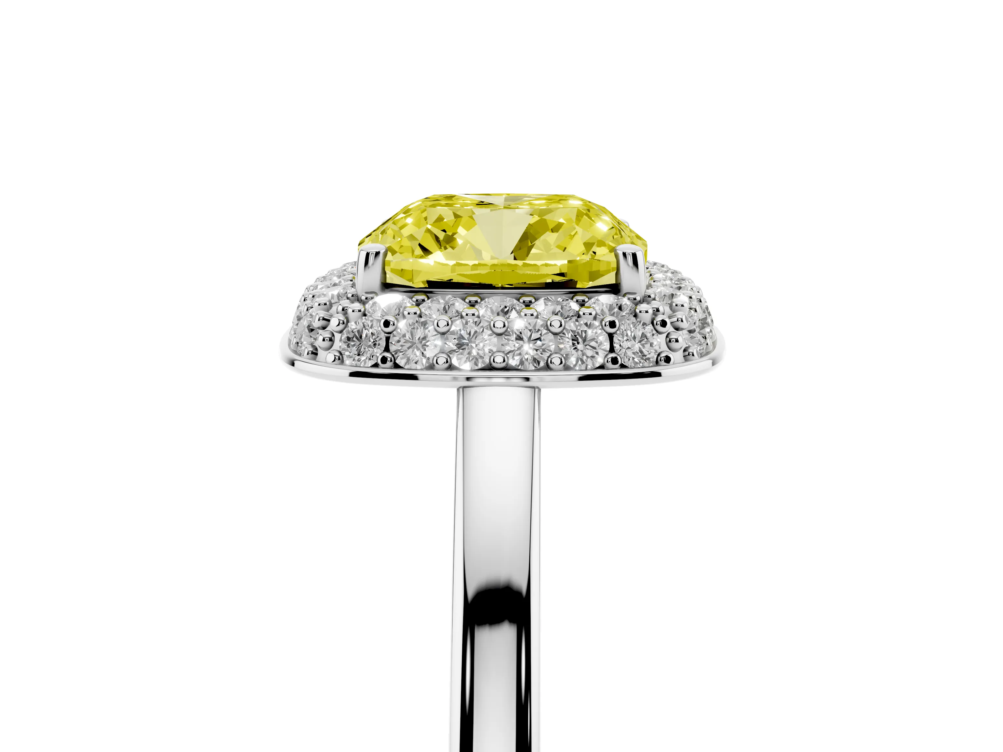 Fancy Yellow Cushion Cut Diamond Halo Engagement Ring Set in Platinum with Solitaire Band and Prong Setting