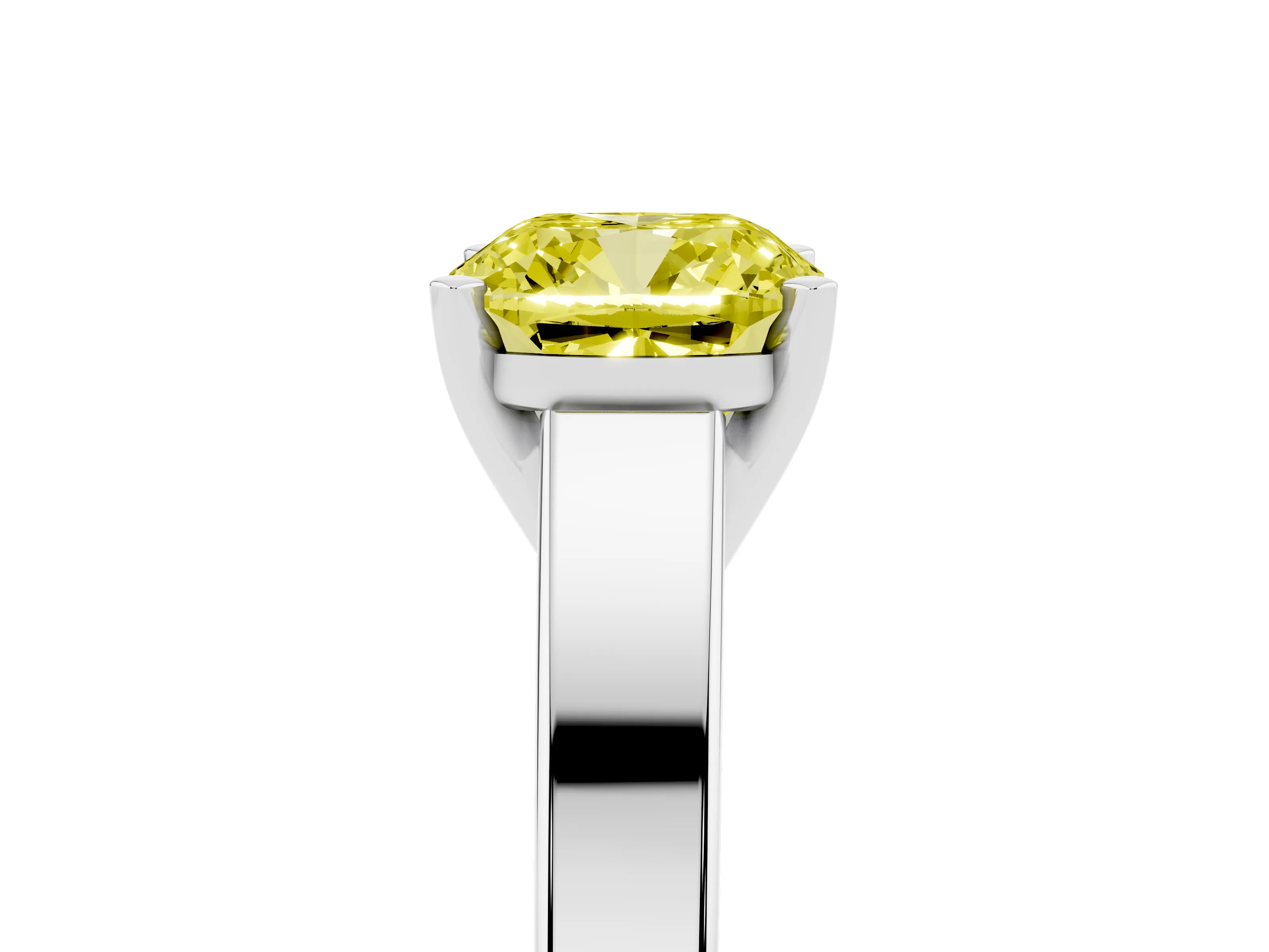 Fancy Yellow Cushion Cut Diamond Solitaire Engagement Ring Set in White gold with Prong Setting and Tapered Band