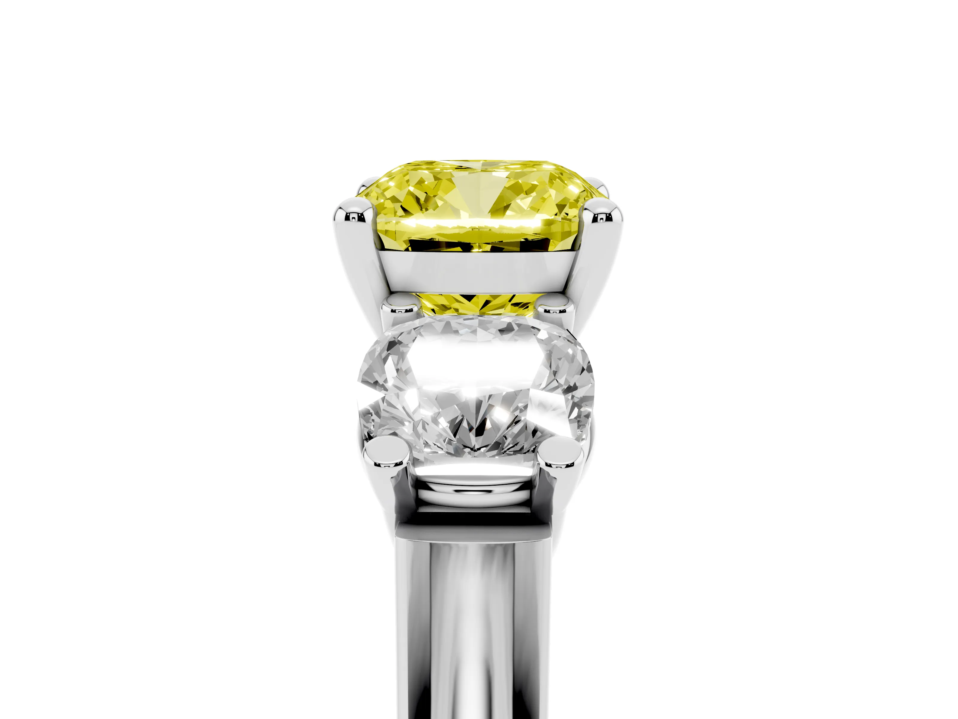 Fancy Yellow Cushion Cut Diamond Three-Stone Trellis Ring Set in Platinum with Comfort Fit Band