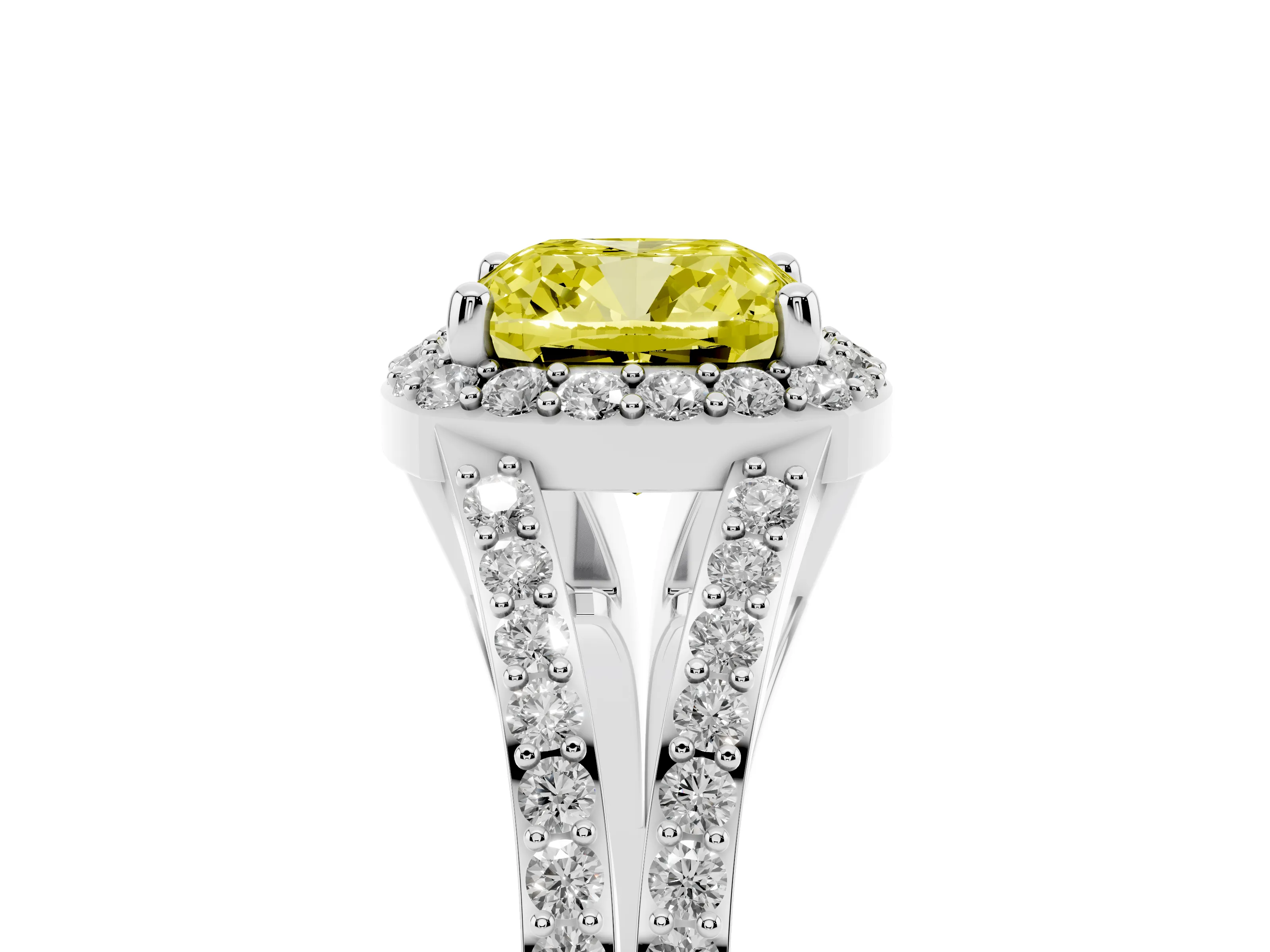 Fancy Yellow Cushion Cut Diamond Halo Split Shank Ring Set in Silver with Accent Stones and Prong Setting