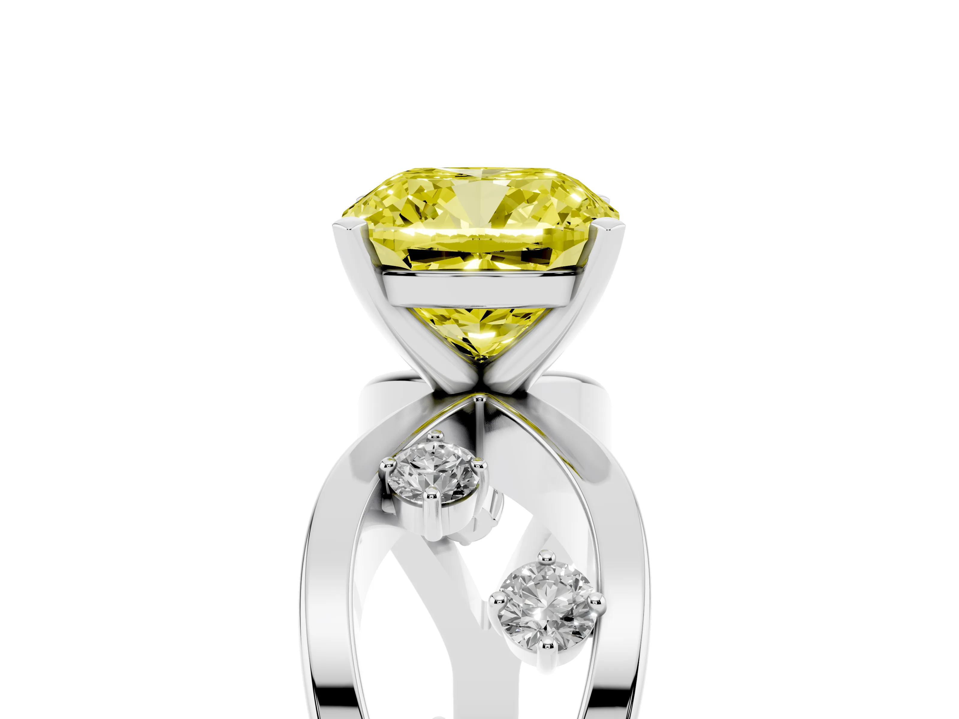 Fancy Yellow Cushion Cut Diamond Solitaire Ring Set in Platinum with Side Stones on Criss-Cross Band and Prong Setting