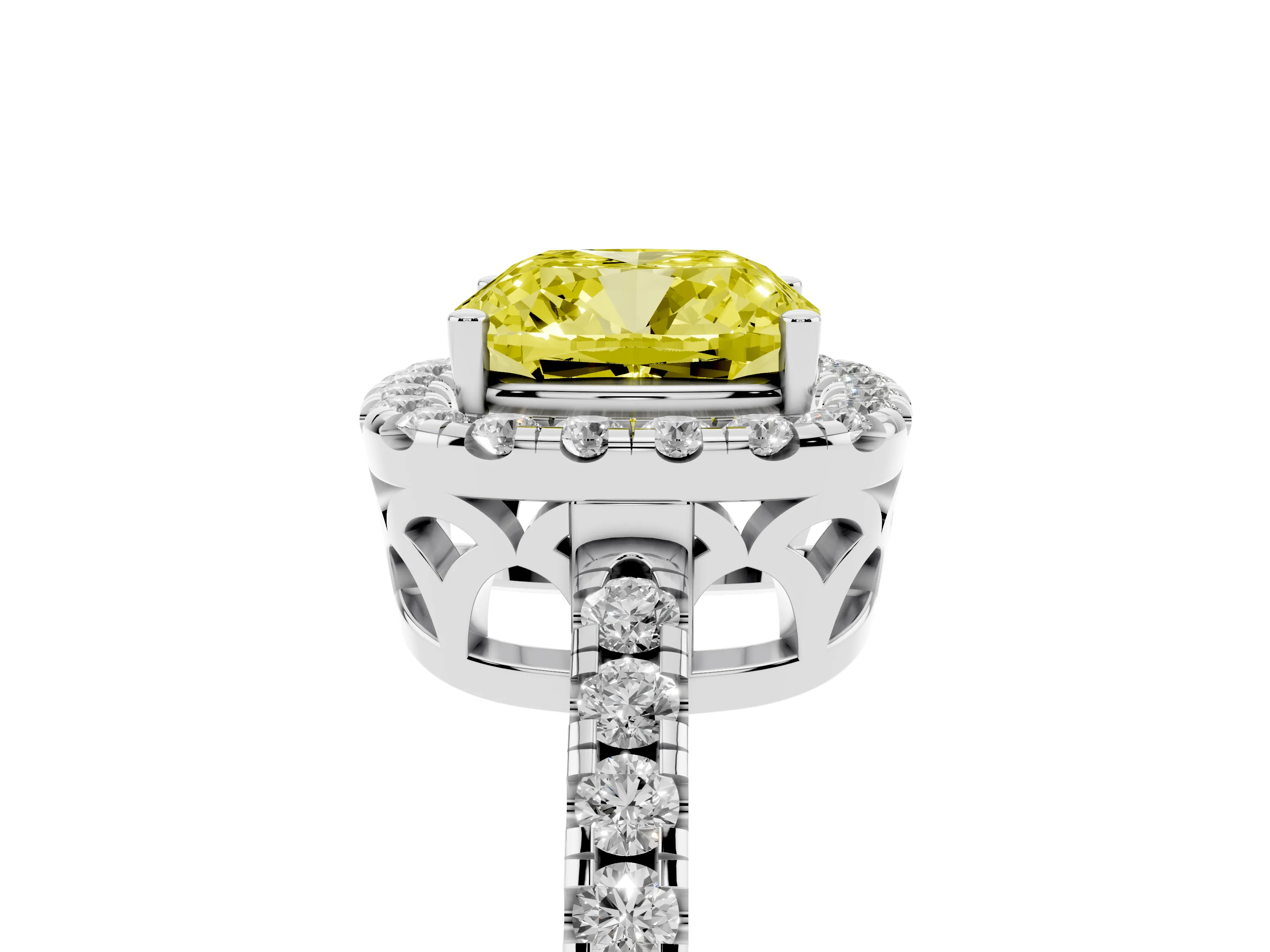 Fancy Yellow Cushion Cut Diamond Pavé Band Halo Engagement Ring Set in White gold with Prong Setting