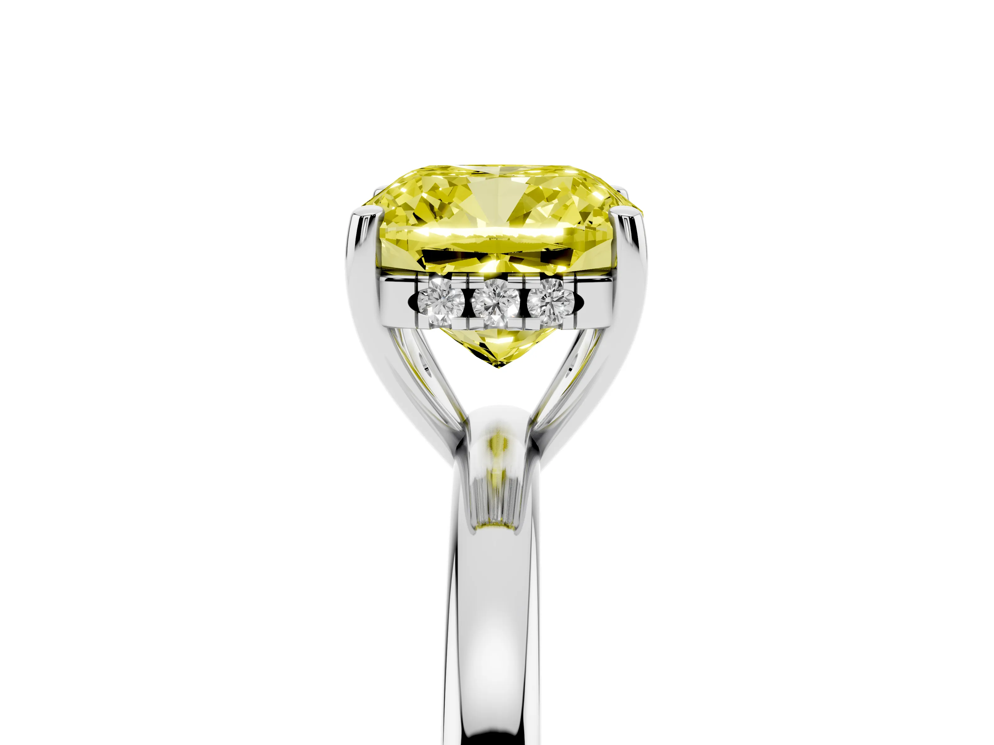 Fancy Yellow Cushion Cut Diamond Solitaire Ring Set in Platinum with Plain Band and Prong Setting