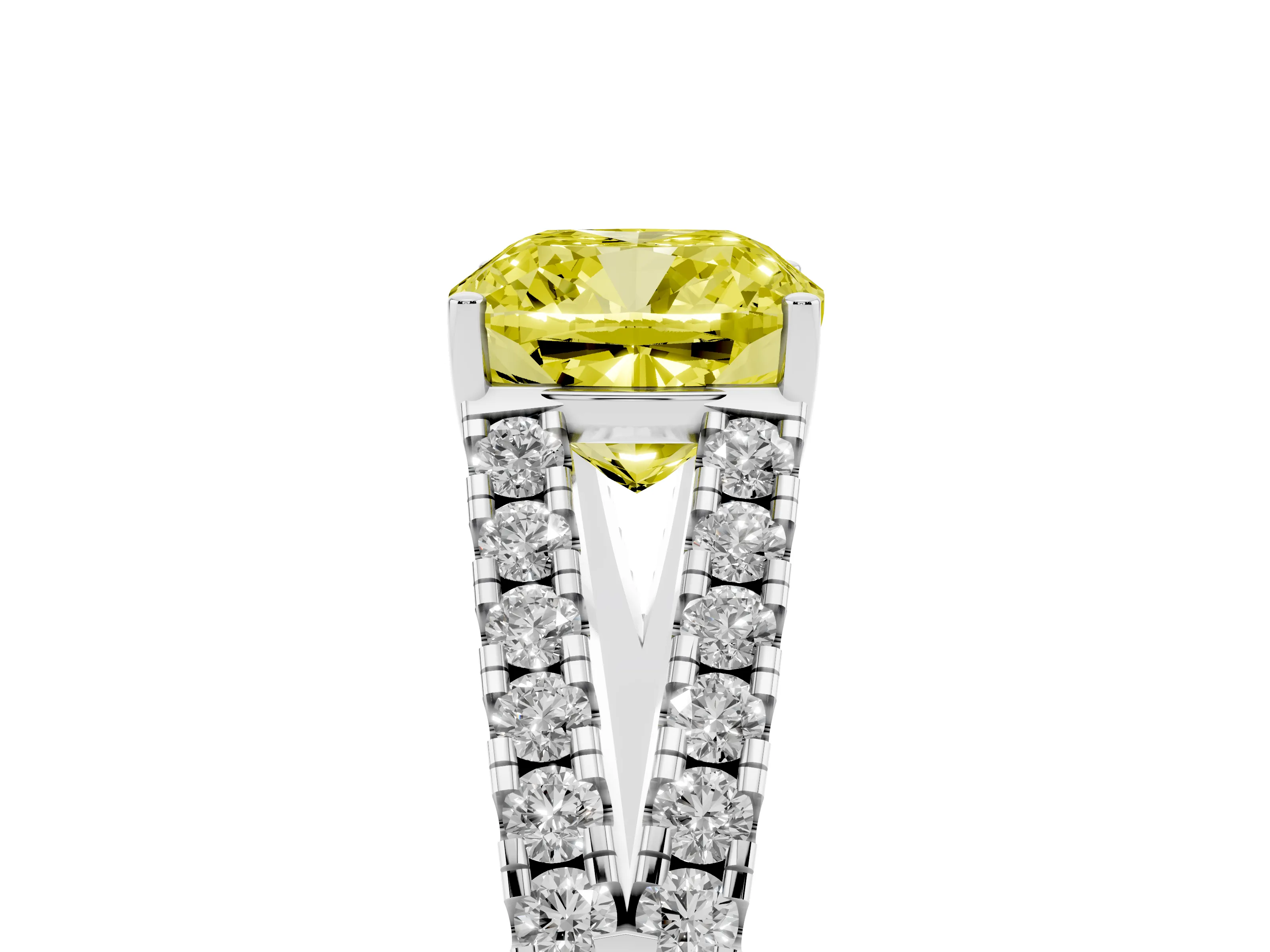Fancy Yellow Cushion Cut Diamond Split Shank Pavé Engagement Ring Set in Platinum with Prong-Held Center Stone