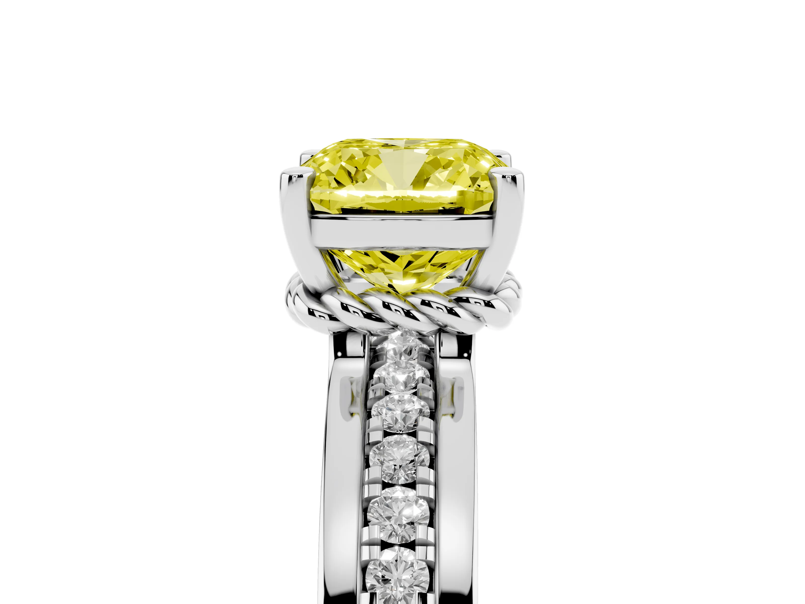Fancy Yellow Cushion Cut Diamond Solitaire Ring Set in Silver with Channel Set Band and Prong Setting