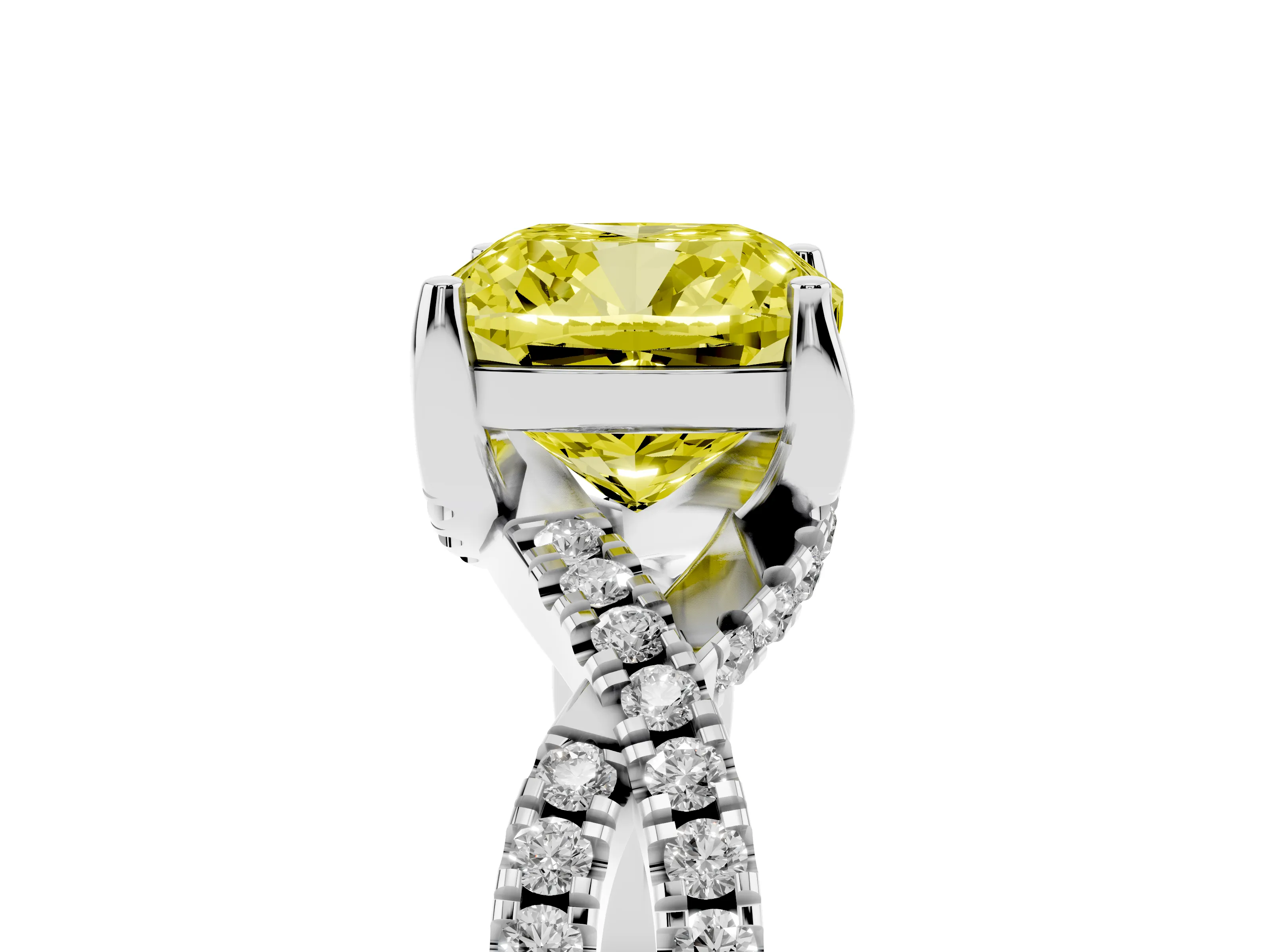 Fancy Yellow Cushion Cut Diamond Twist Pavé Solitaire Engagement Ring Set in White gold with Prong Setting