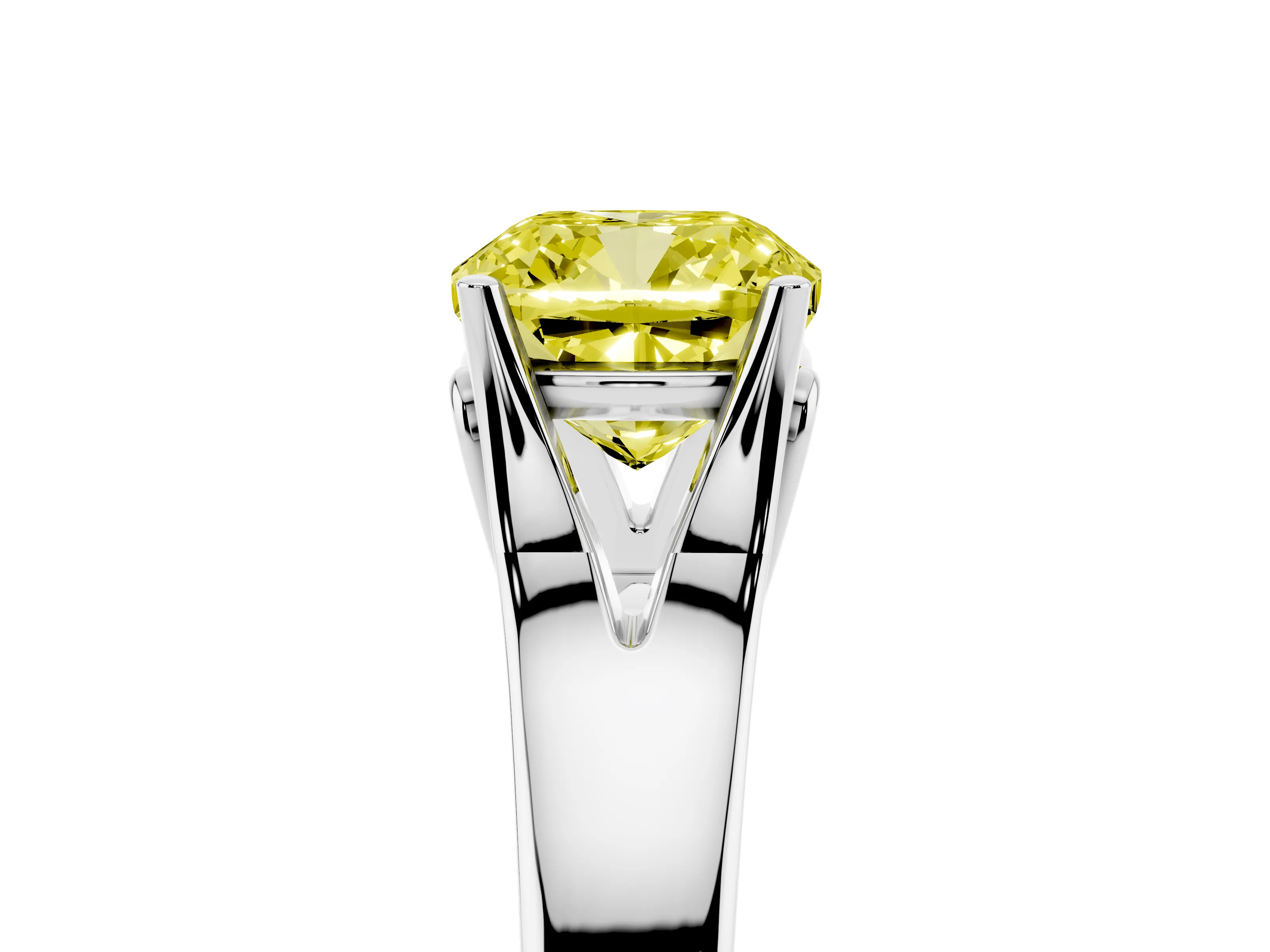 Fancy Yellow Cushion Cut Diamond Solitaire Ring Set in White gold with Arched Cathedral Band and Prong Setting