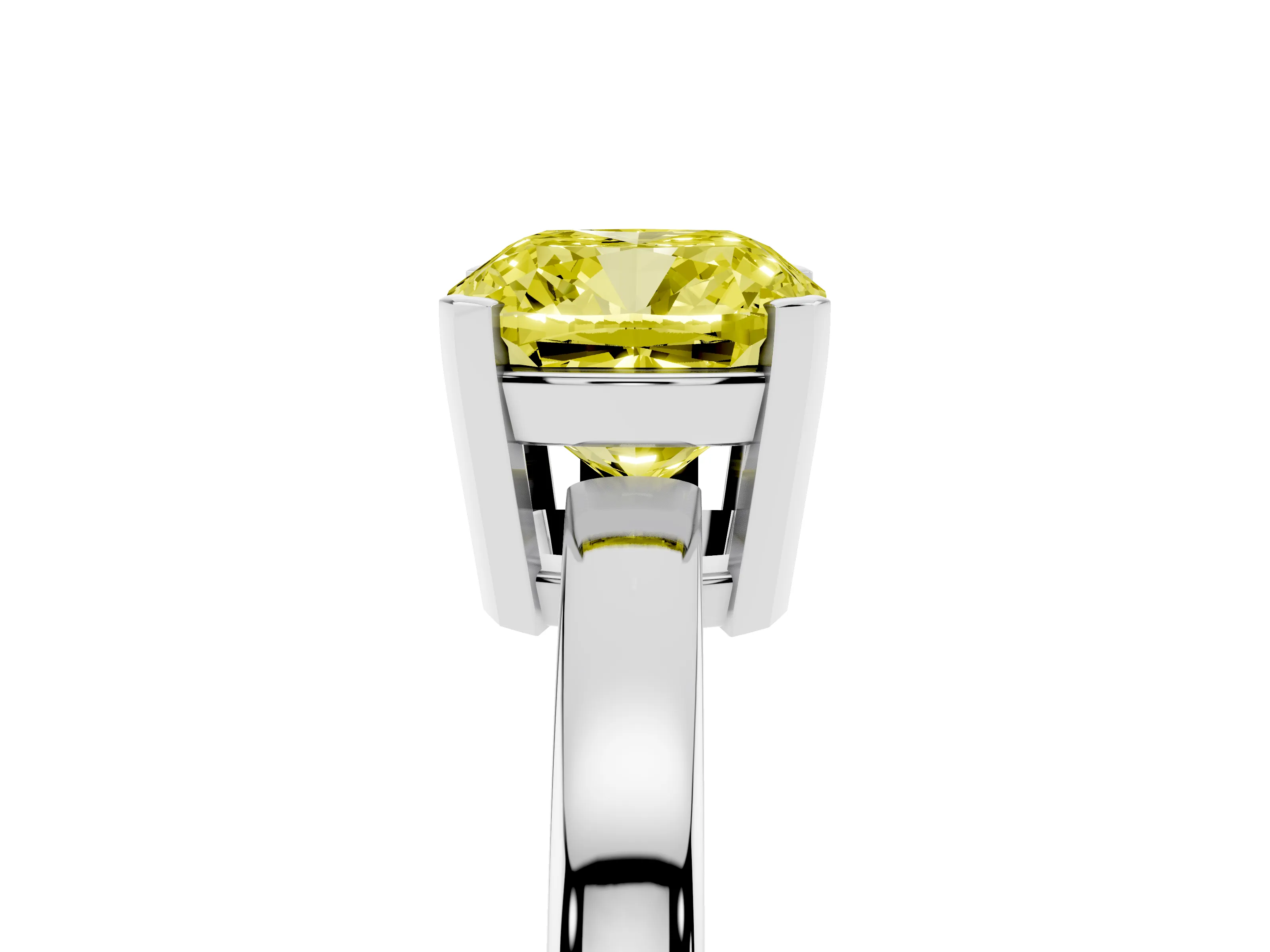 Fancy Yellow Cushion Cut Diamond Solitaire Ring Set in Silver with Prong Head and Smooth Polished Band