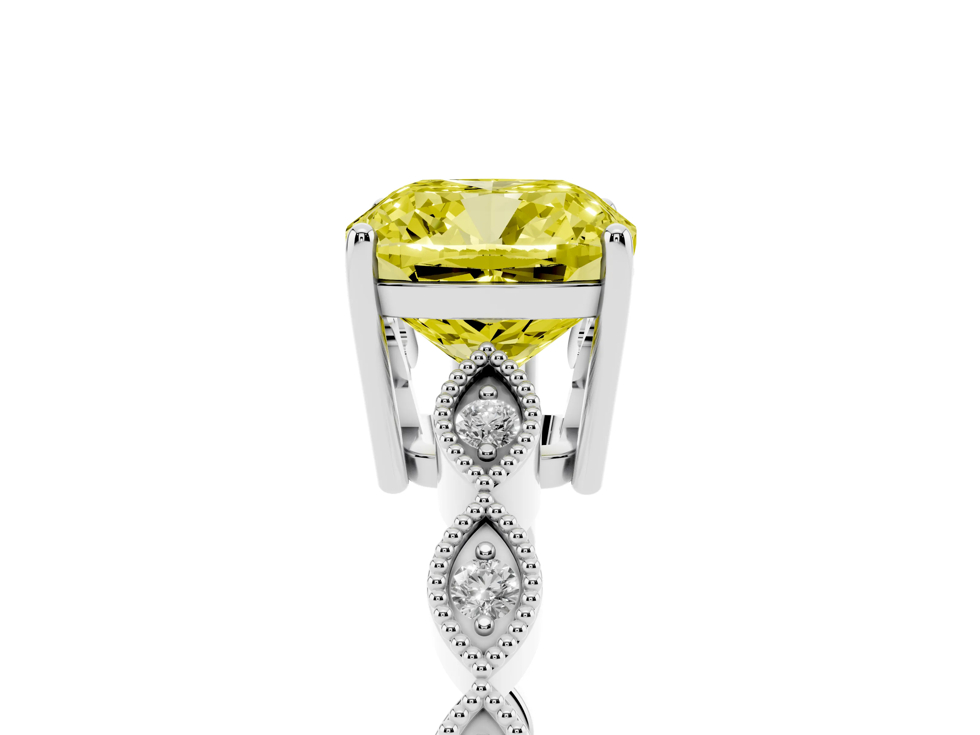 Fancy Yellow Cushion Cut Diamond Solitaire Ring Set in White gold with Infinity Twist Pavé Band