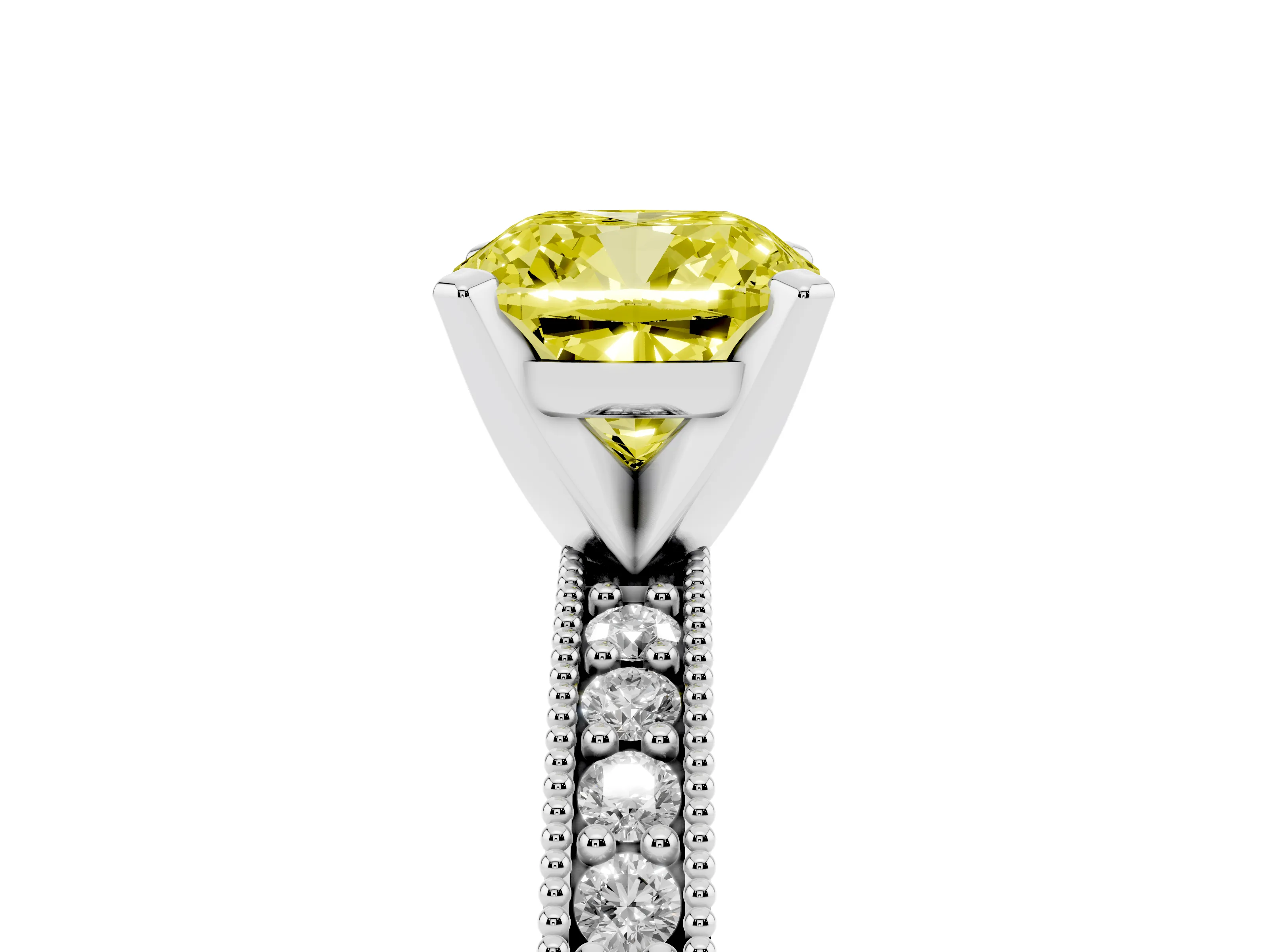 Fancy Yellow Cushion Cut Diamond Milgrain Pavé Engagement Ring Set in Platinum with Prong Setting