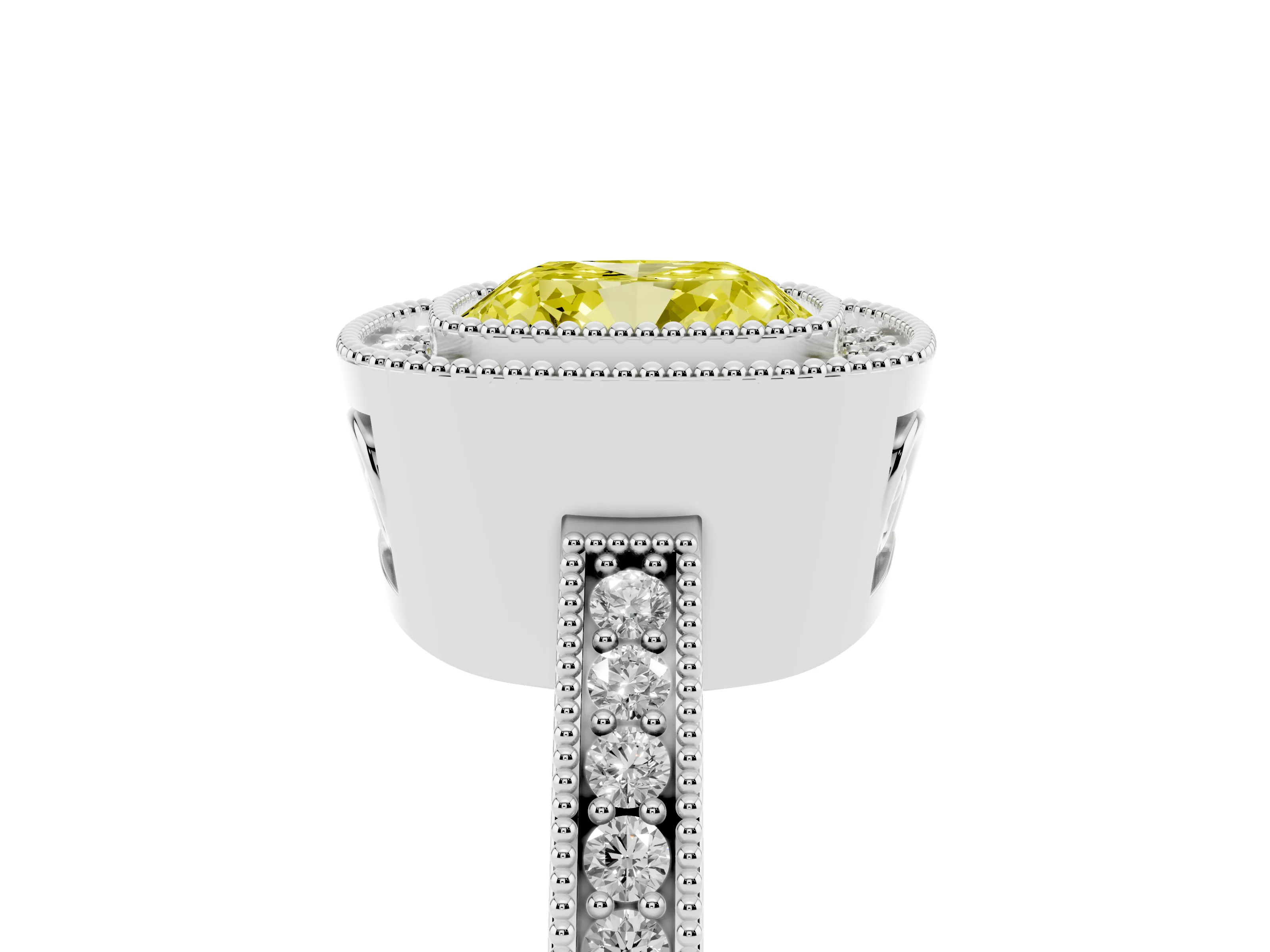 Fancy Yellow Cushion Cut Diamond Round Halo Ring Set in Platinum with Pavé Band