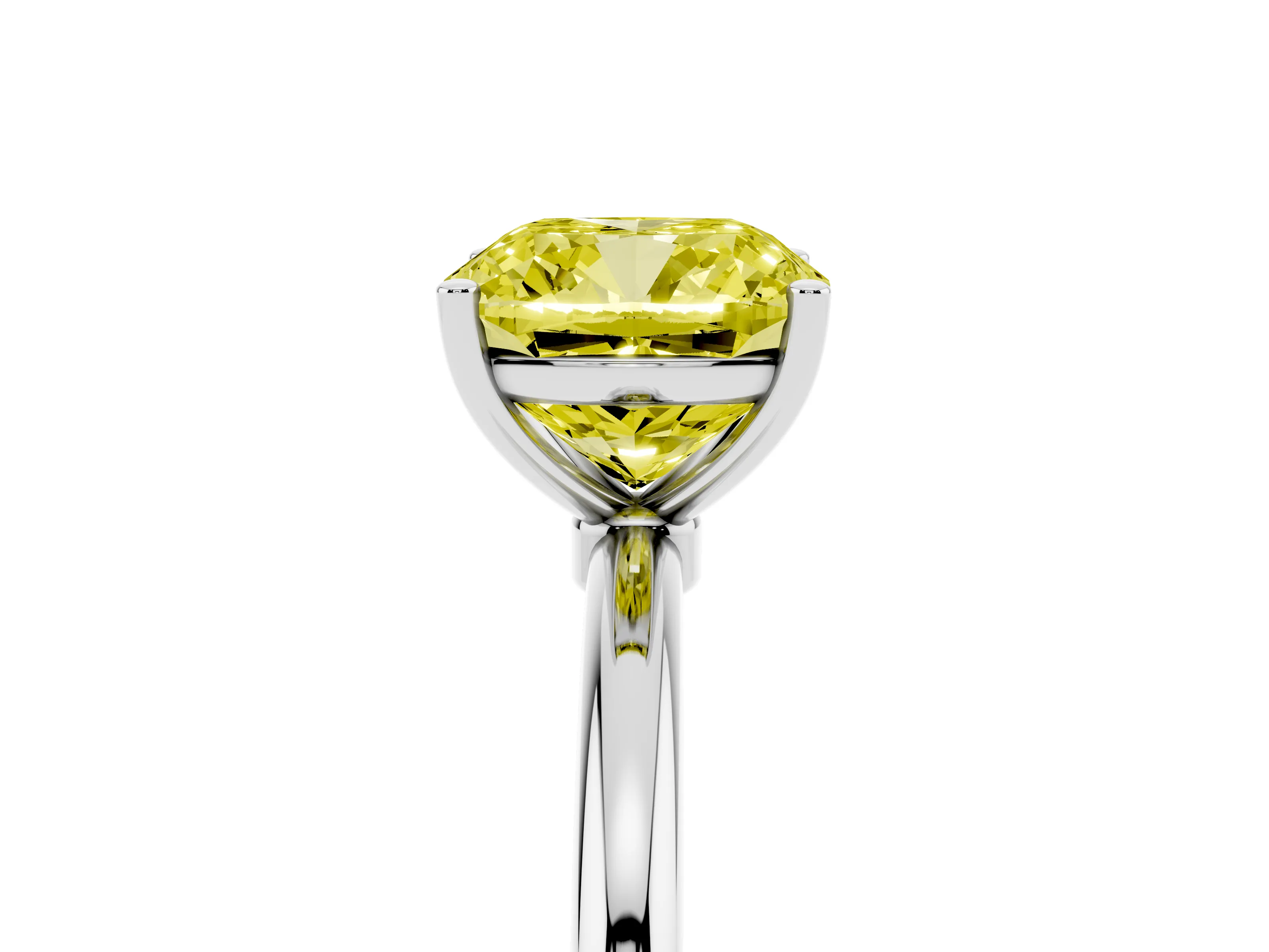 Fancy Yellow Cushion Cut Diamond Solitaire Engagement Ring Set in White gold with Thin Band and Prong Setting