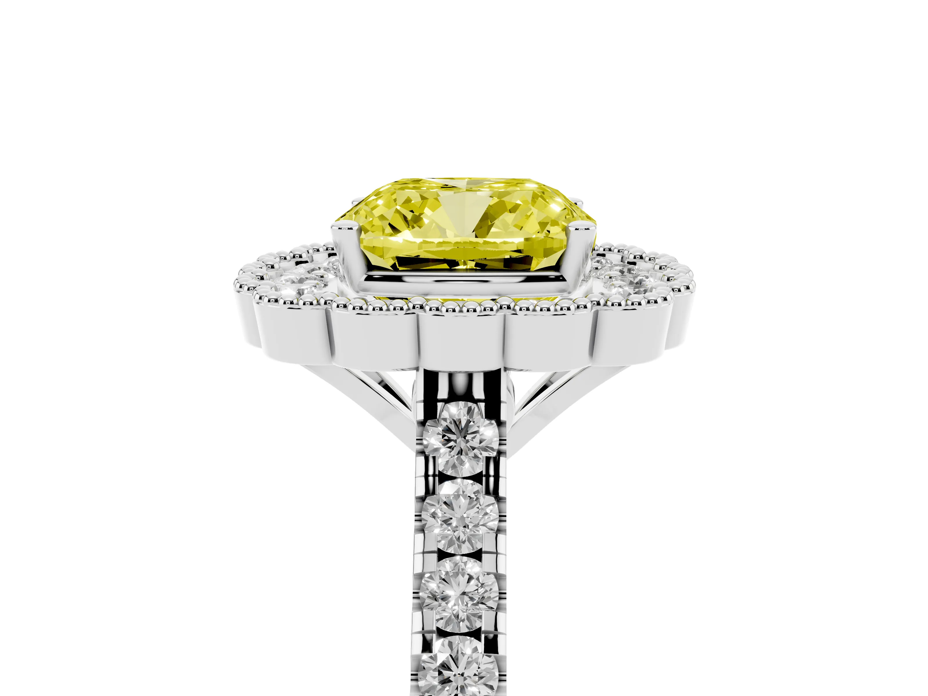 Fancy Yellow Cushion Cut Diamond Milgrain Floral Halo Engagement Ring Set in White gold with Pavé Band