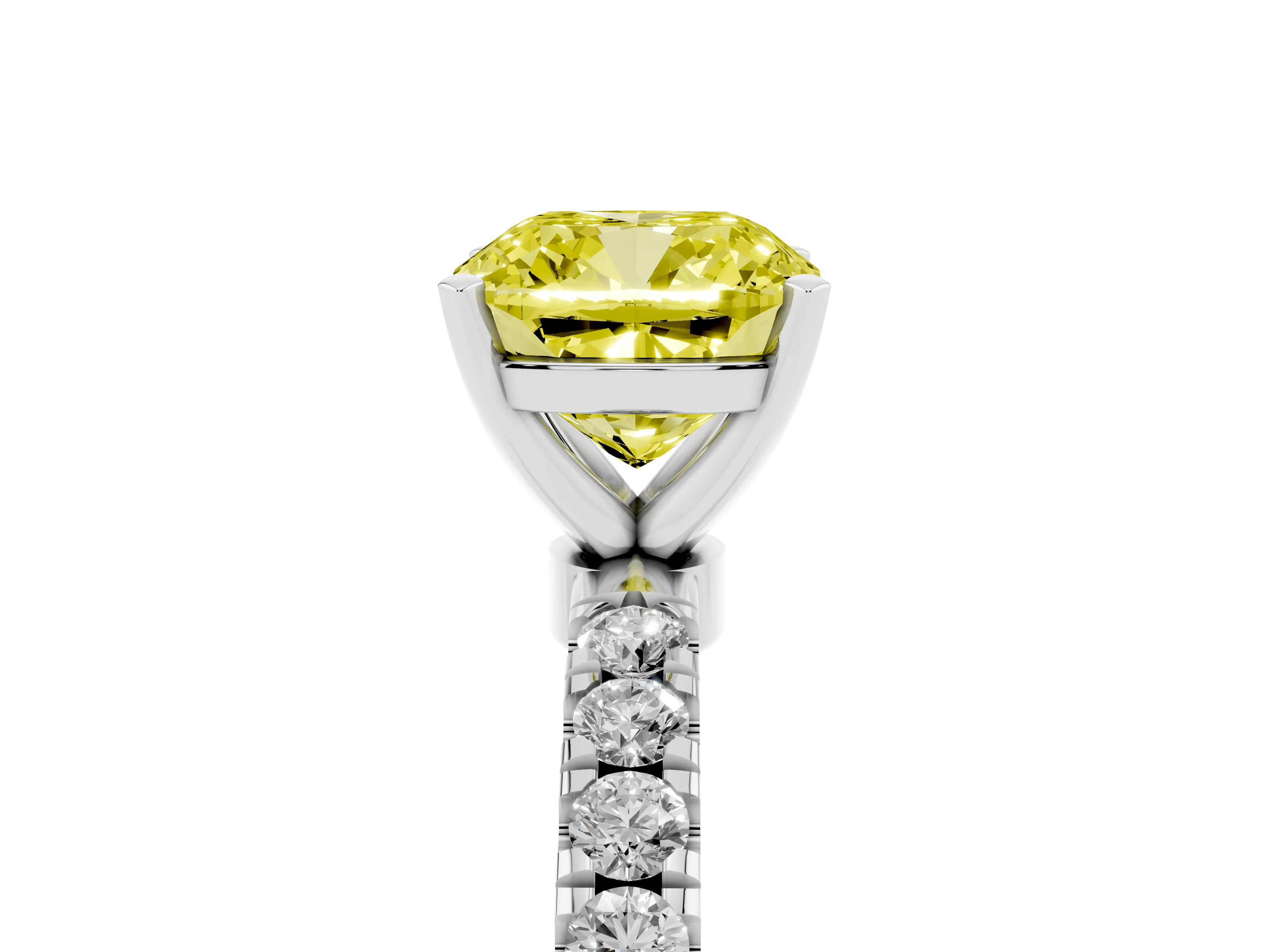 Fancy Yellow Cushion Cut Diamond Solitaire Ring Set in Silver with Pavé Accents and Prong Setting