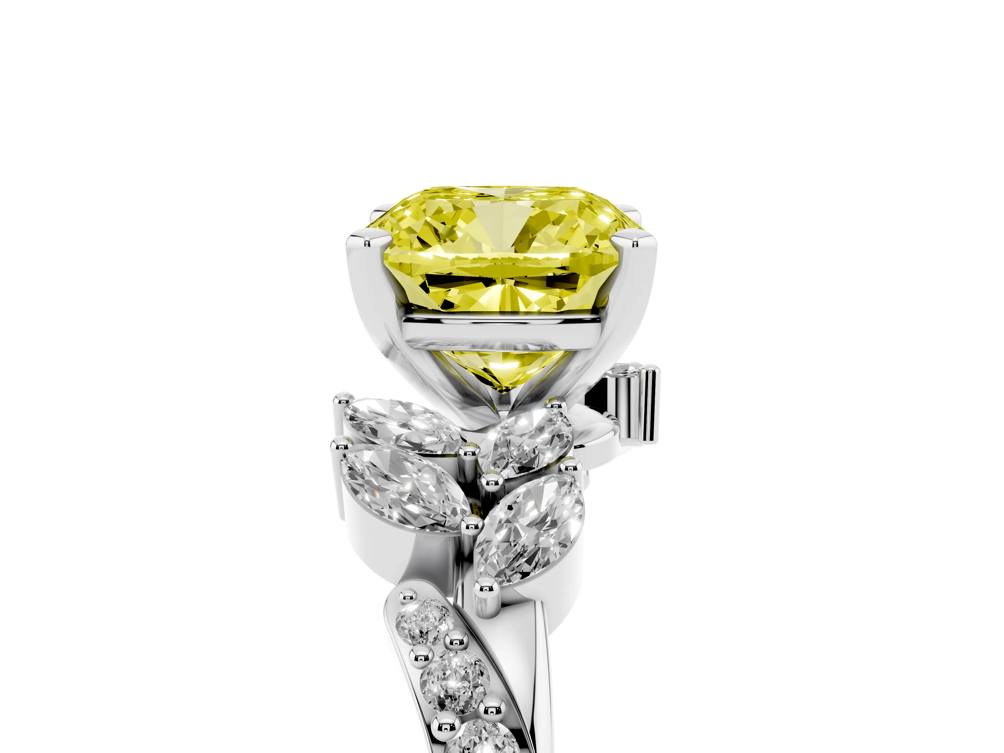 Fancy Yellow Cushion Cut Diamond Solitaire Ring Set in Platinum with Marquise Twist Band and Prong Setting