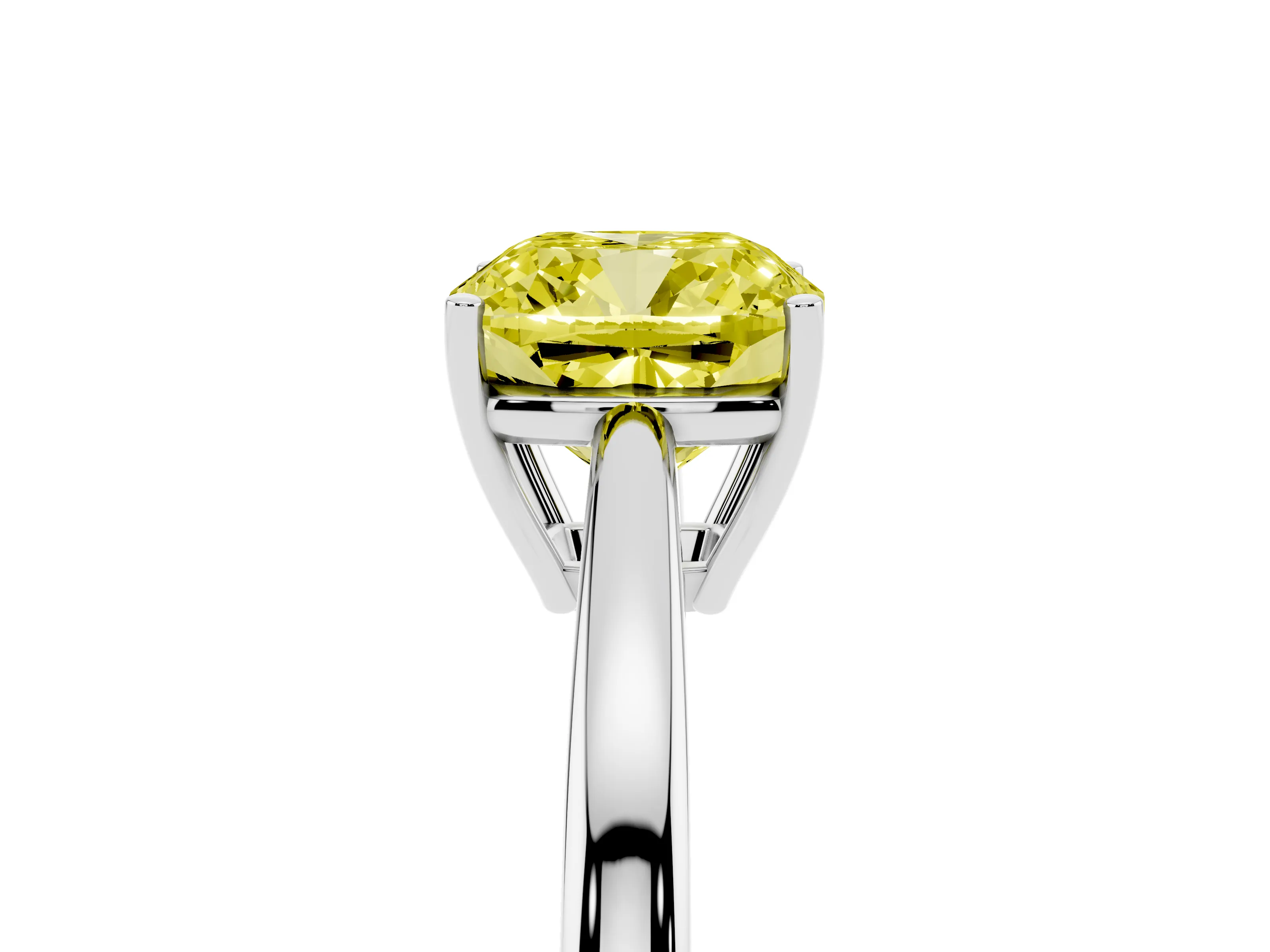 Fancy Yellow Cushion Cut Diamond Solitaire Ring Set in Silver with Split Shank and Prong Setting