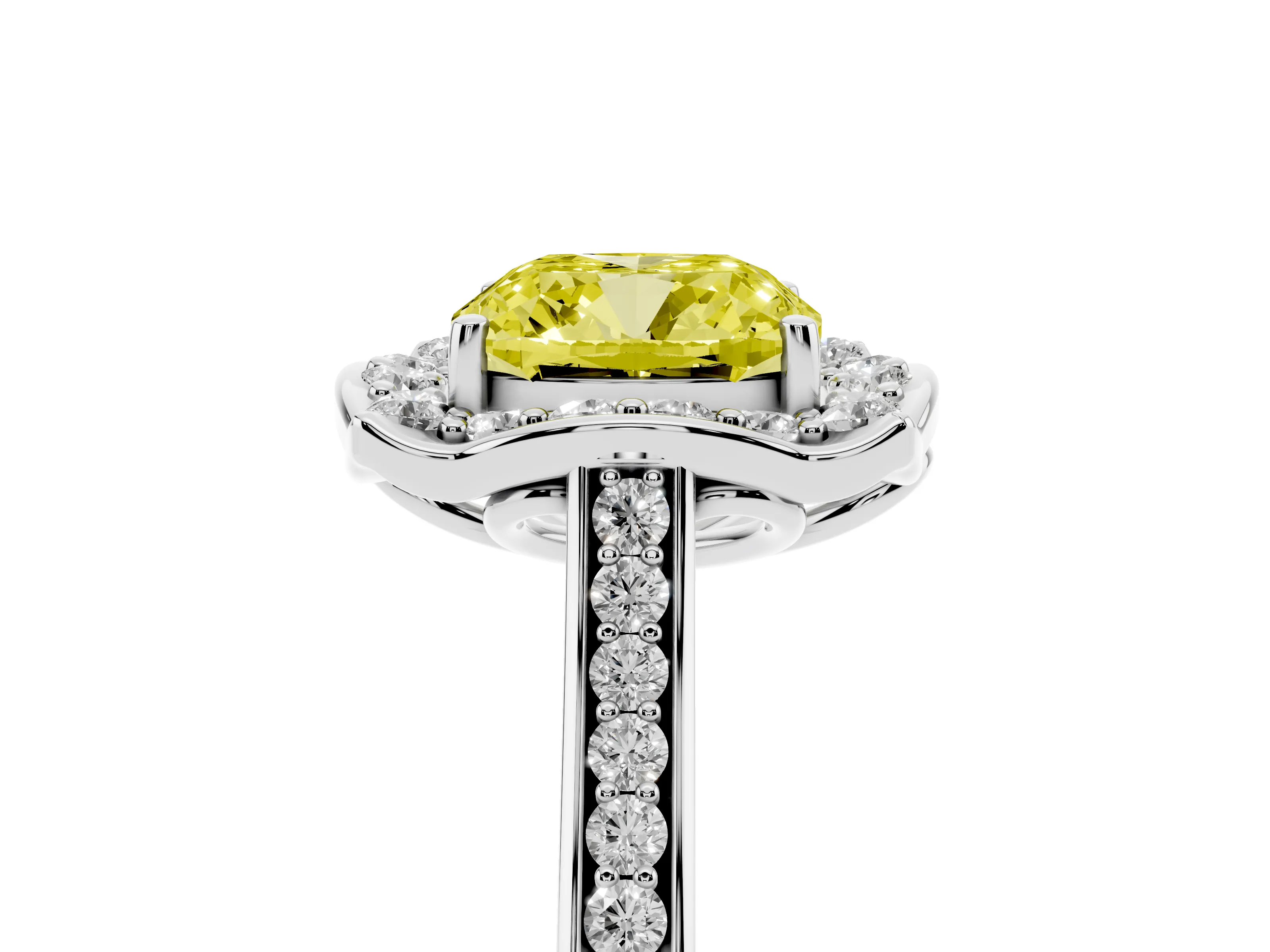 Fancy Yellow Cushion Cut Diamond Halo Ring Set in Platinum with Pavé-Lined Shoulders and Prong Setting