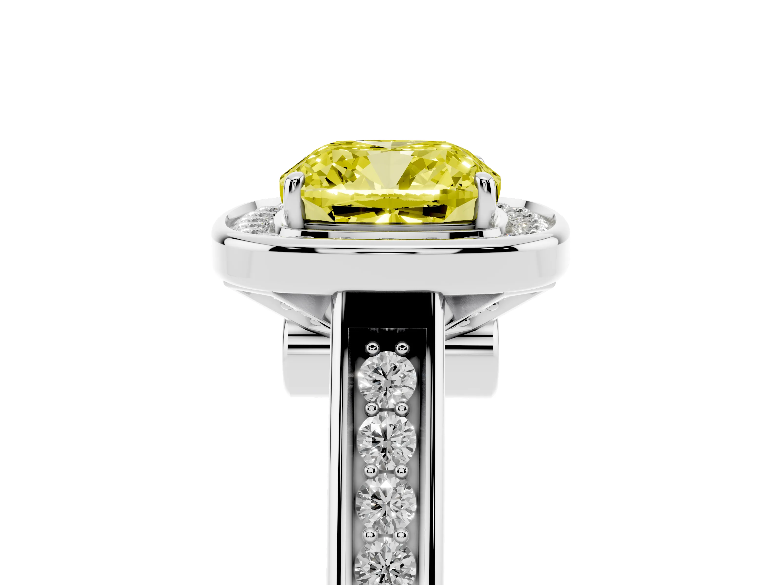 Fancy Yellow Cushion Cut Diamond Halo Solitaire Ring Set in Silver with Pavé Band and Bezel Setting