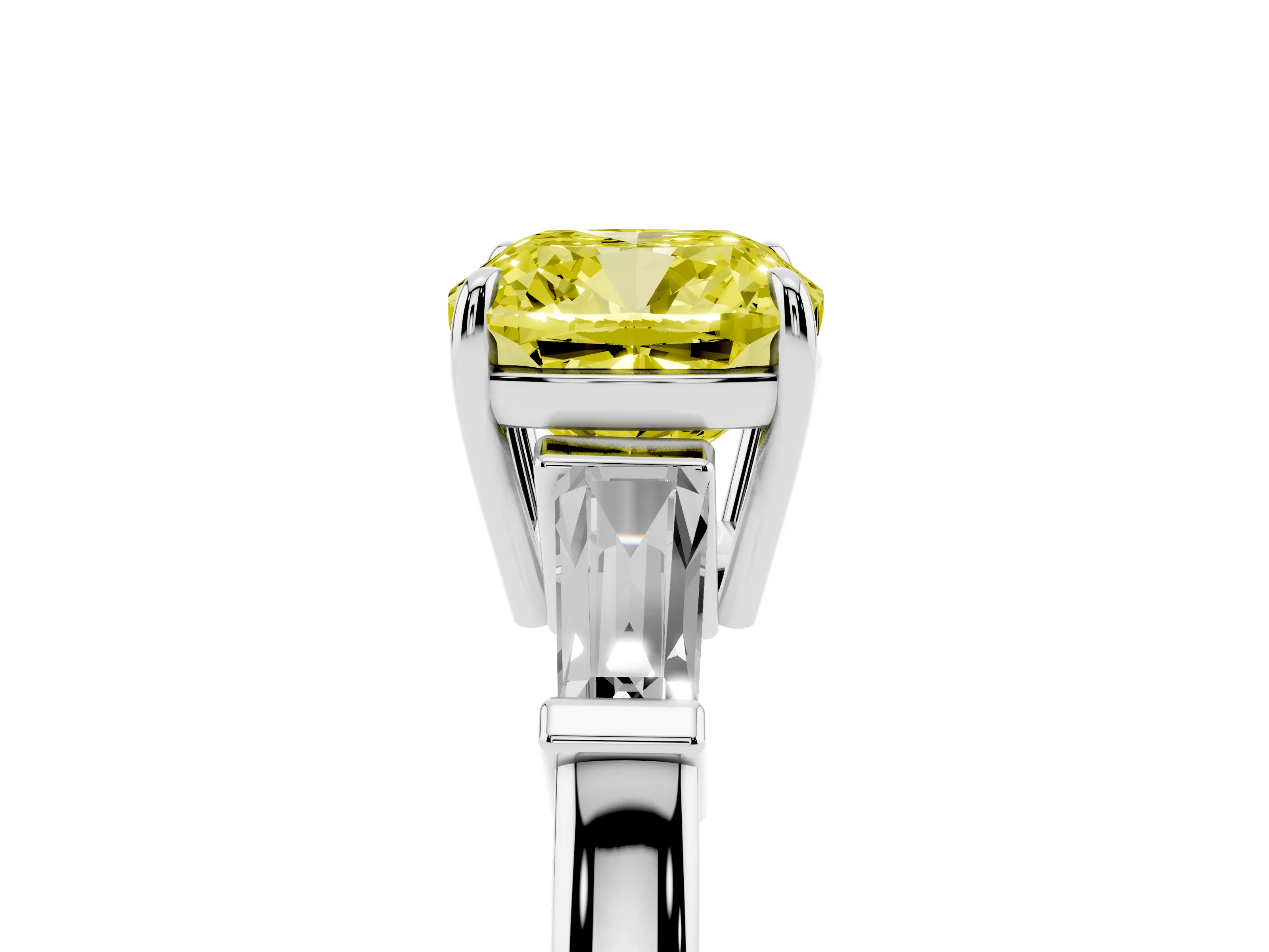 Fancy Yellow Cushion Cut Diamond Three-Stone Ring Set in Platinum with Tapered Baguette Side Stones and Prong Setting