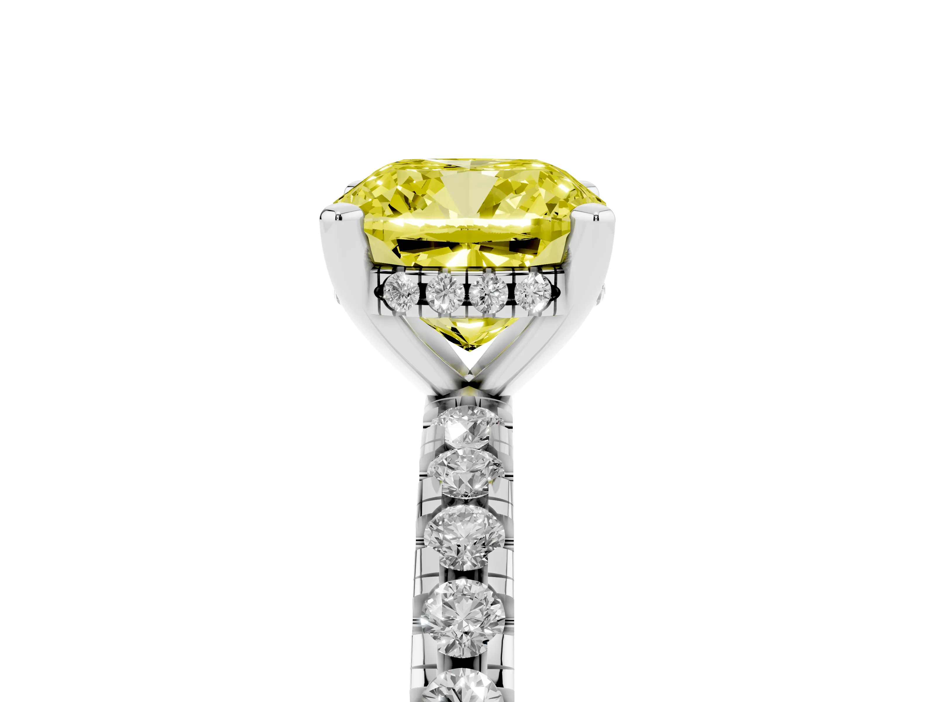 Fancy Yellow Cushion Cut Diamond Pavé Solitaire Ring Set in White gold with Round Band Accents and Prong Setting