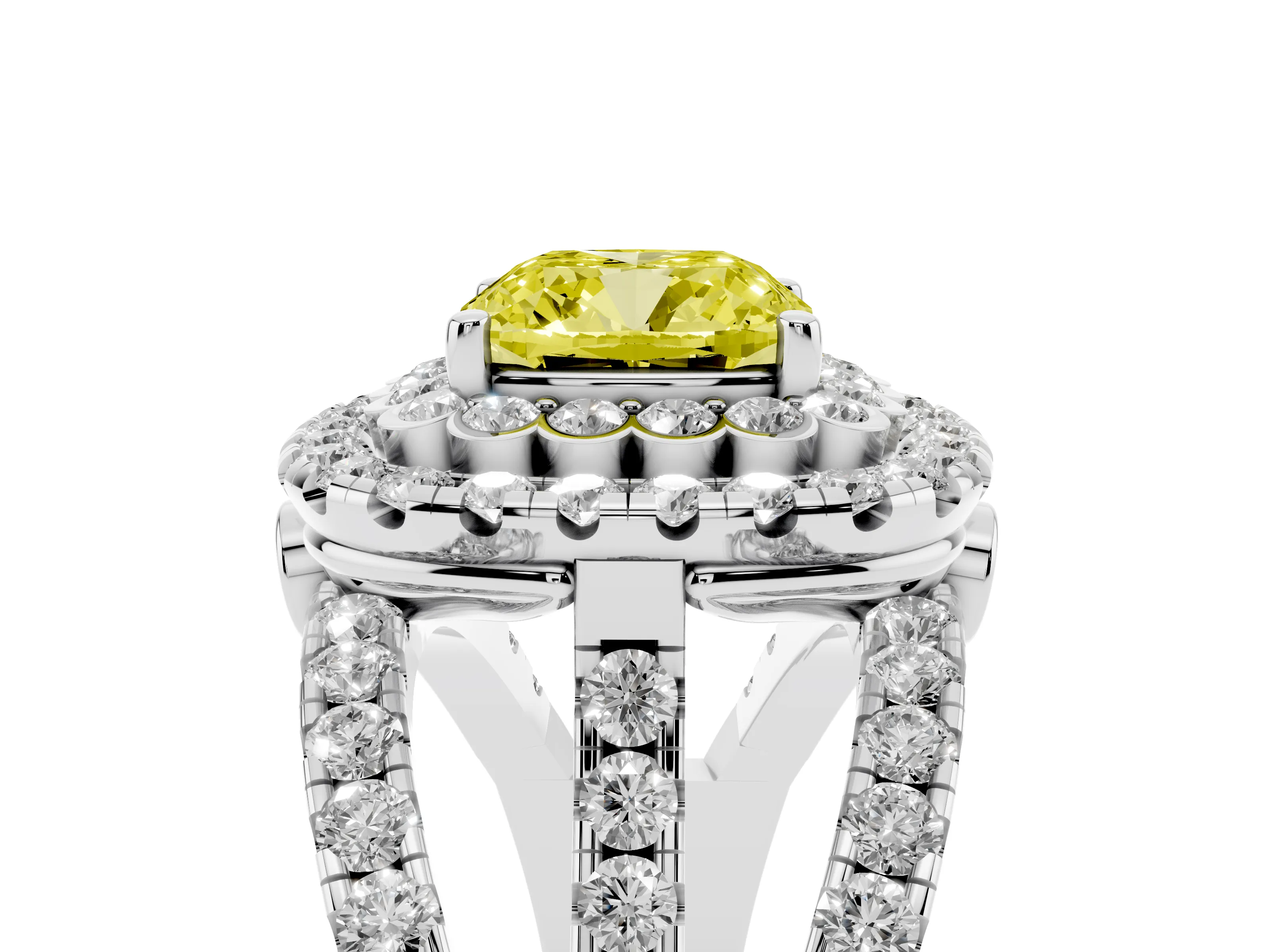 Fancy Yellow Cushion Cut Diamond Double Halo Ring Set in Silver with Round Pavé Split Shank