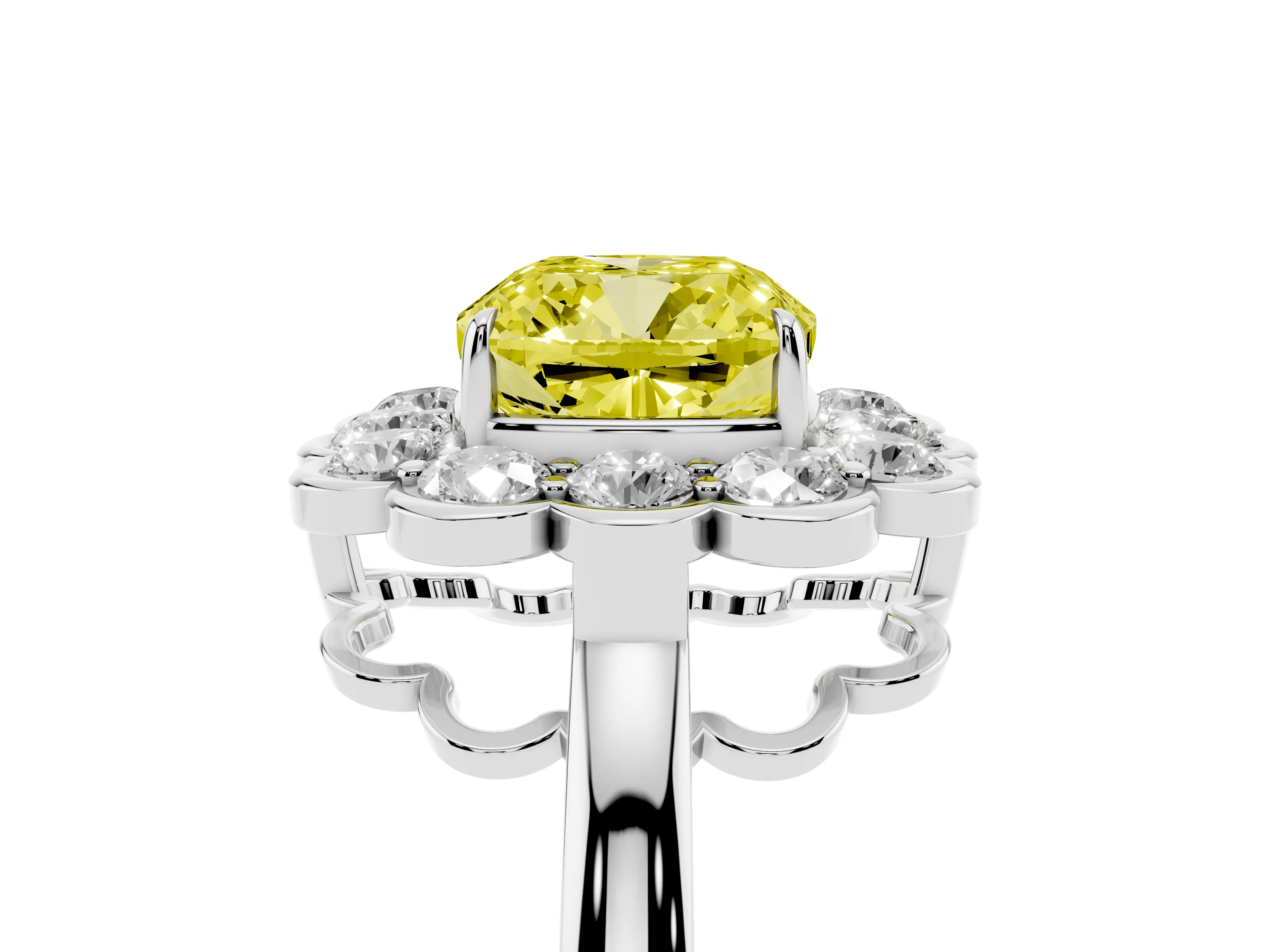 Fancy Yellow Cushion Cut Diamond Halo Cluster Engagement Ring Set in Platinum with Solitaire Band and Prong Setting