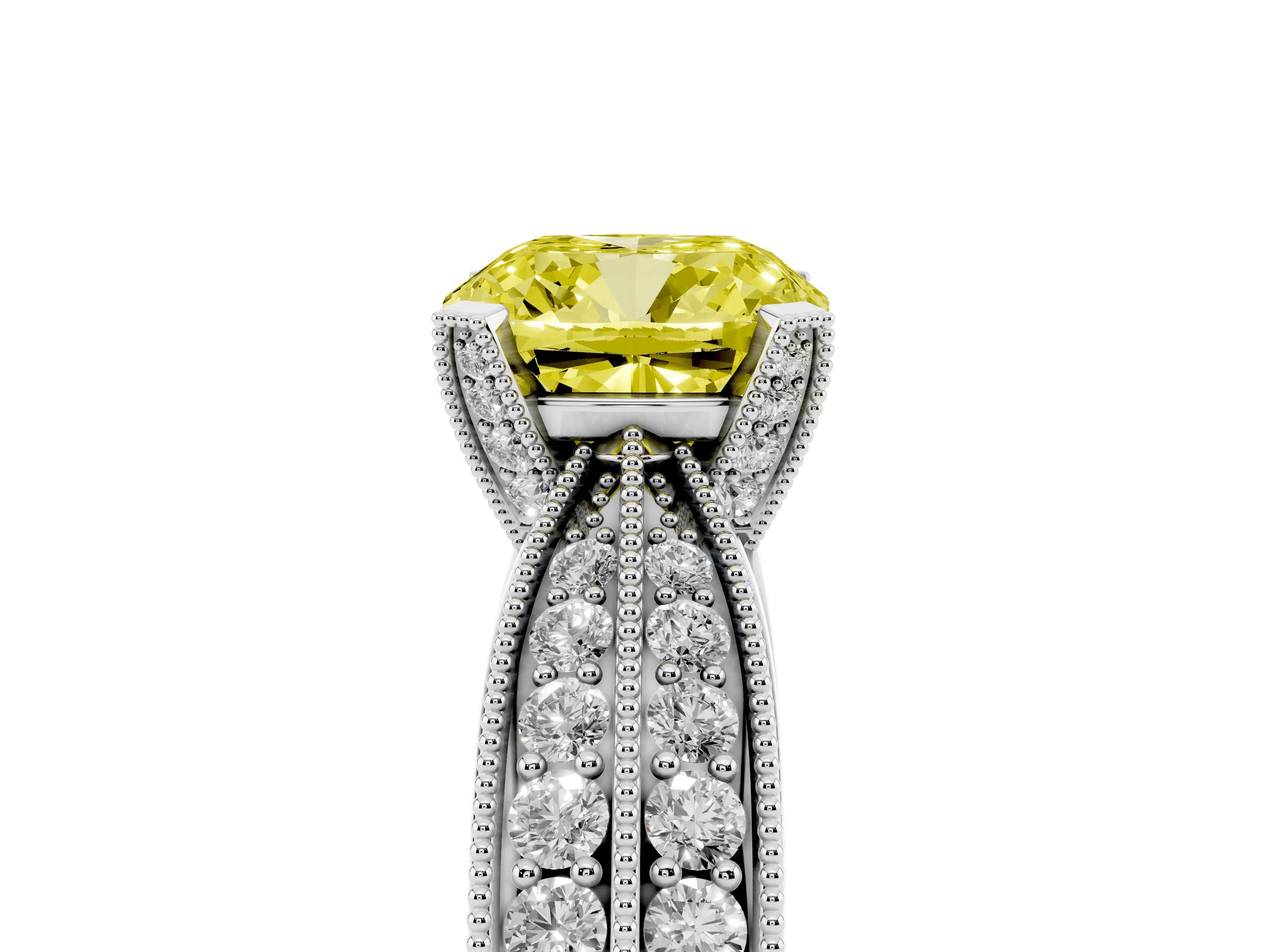 Fancy Yellow Cushion Cut Diamond Solitaire Ring Set in Platinum with Milgrain Double Row Round Pavé Band