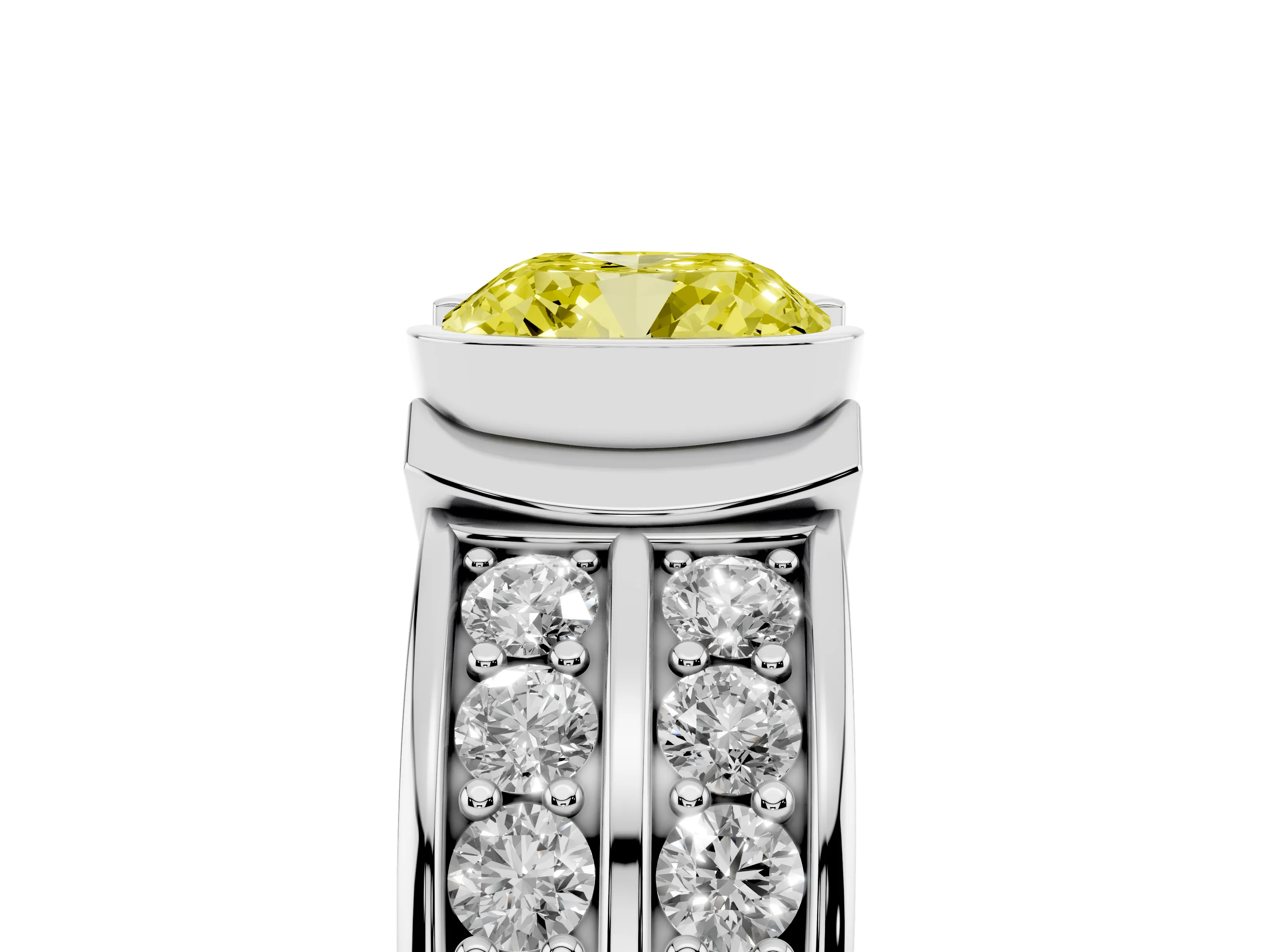 Fancy Yellow Cushion Cut Diamond Wide Channel Set Band Ring Set in Silver with Bezel Setting