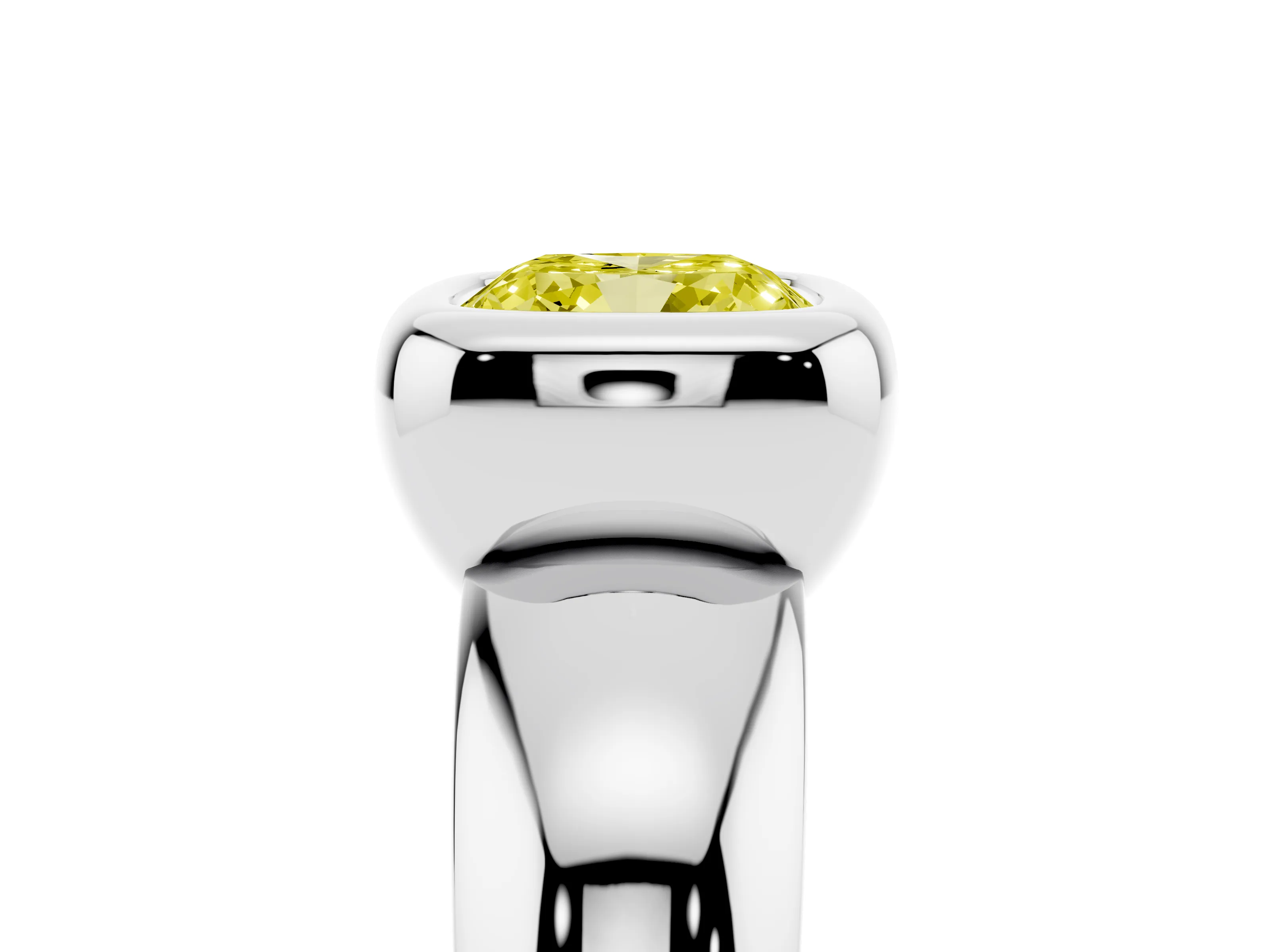 Fancy Yellow Bezel Set Cushion Cut Diamond Solitaire Ring Set in White gold with Wide Band