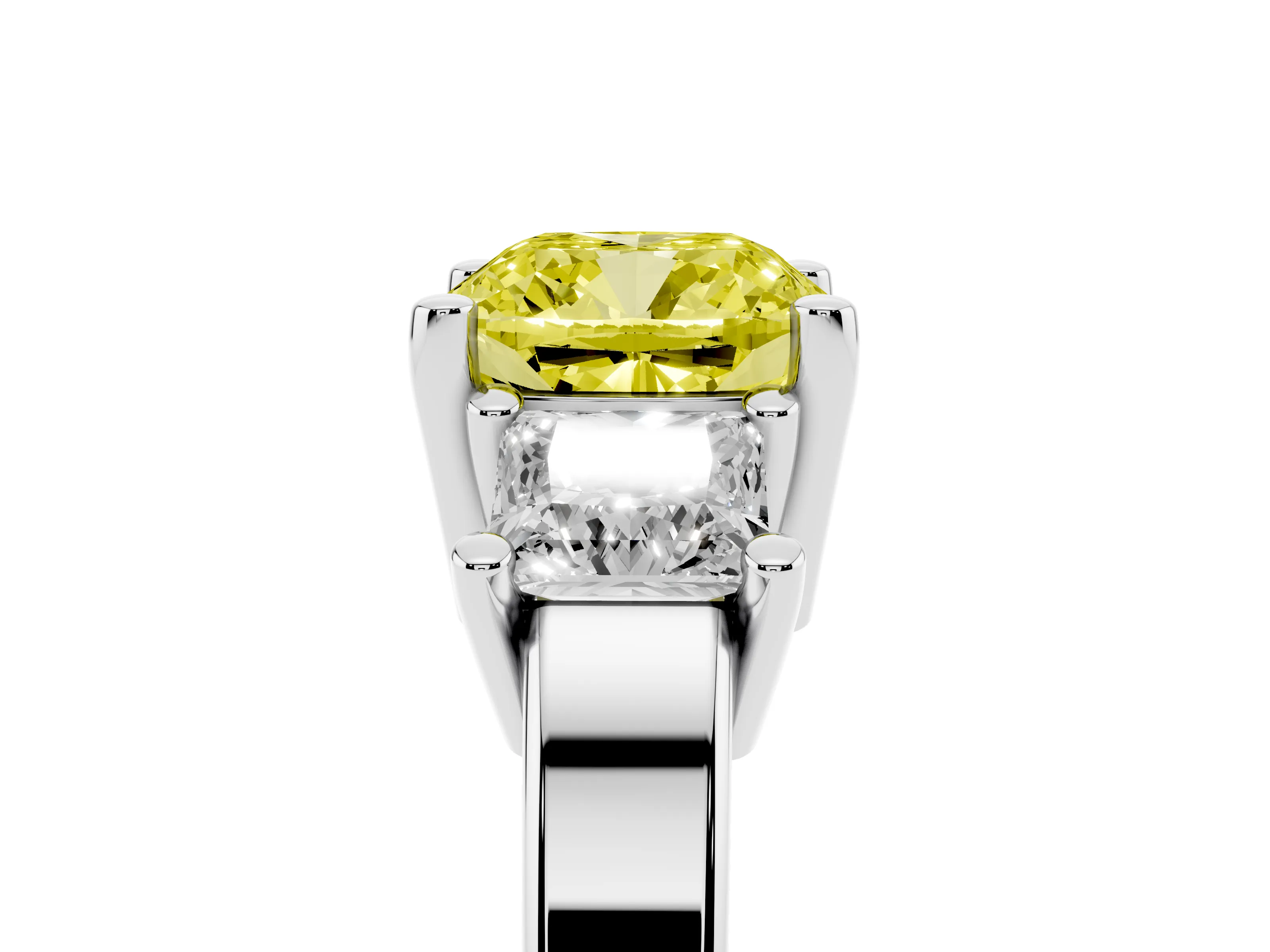Fancy Yellow Three-Stone Cushion Cut Diamond Solitaire Ring Set in Silver with Prong Setting