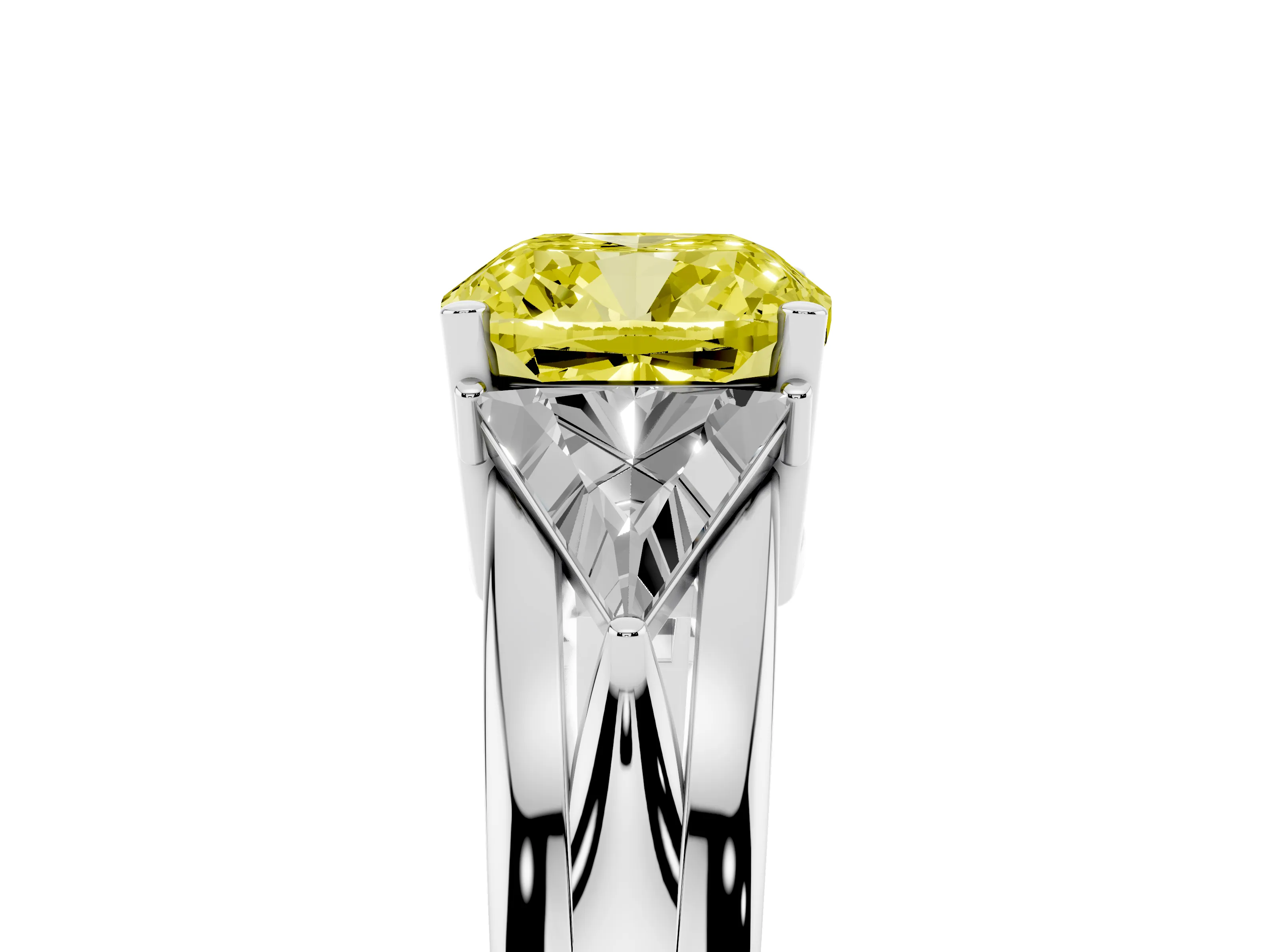 Fancy Yellow Cushion Cut Diamond Three-Stone Ring Set in White gold with Trillion Side Stones and Split Shank