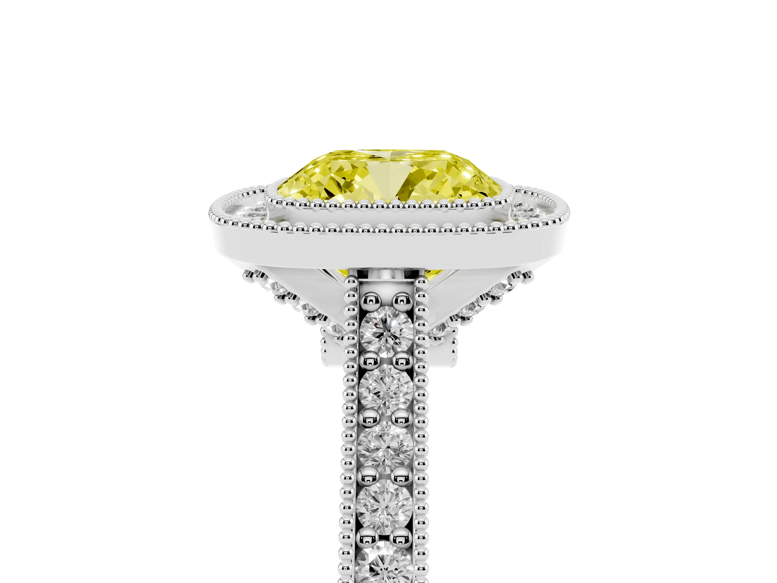 Fancy Yellow Cushion Cut Diamond Halo Milgrain Pavé Band Ring Set in Platinum with Prong Setting