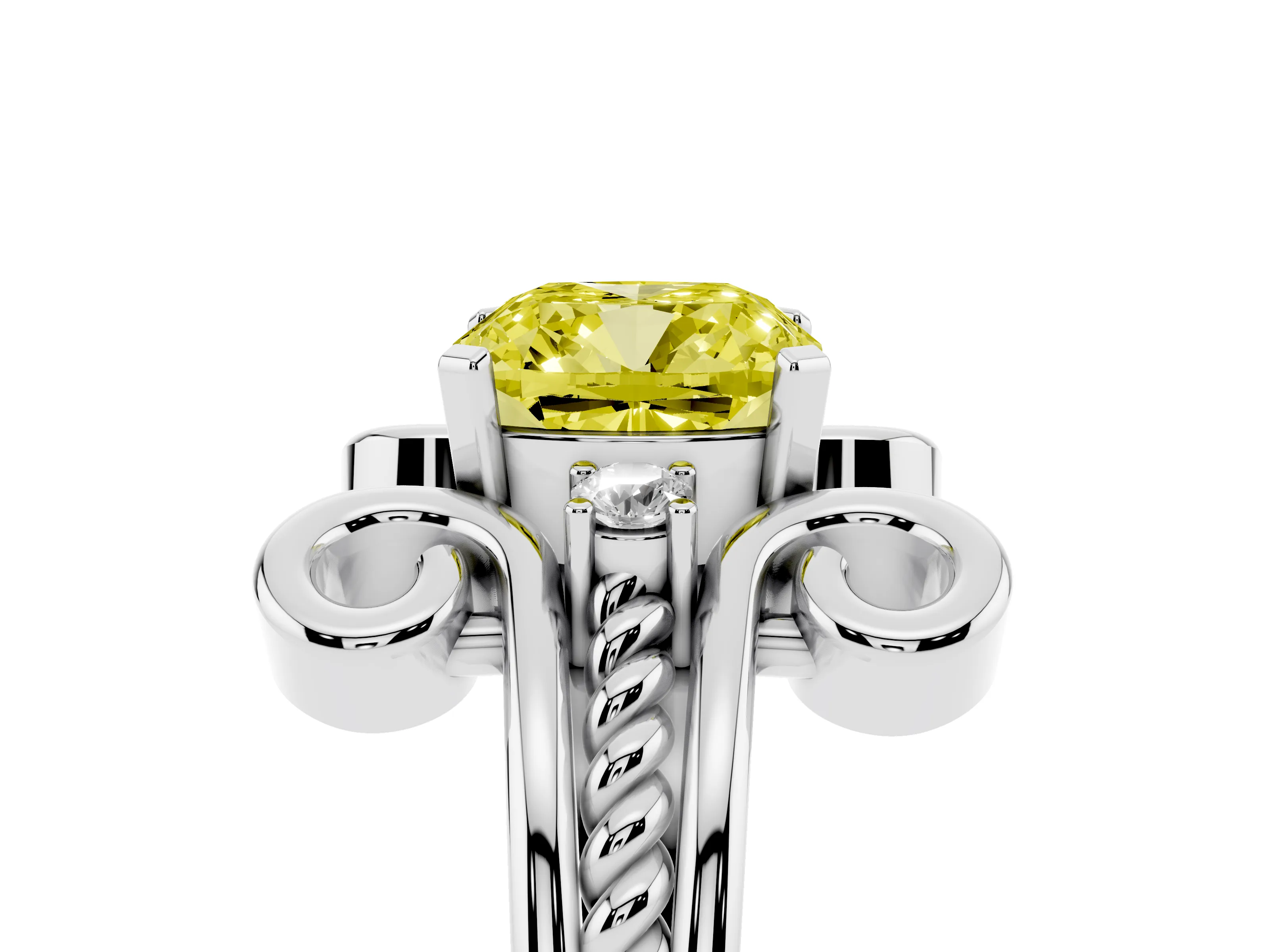 Fancy Yellow Cushion Cut Diamond Twisted Band Solitaire Ring Set in White gold with Scroll Prongs