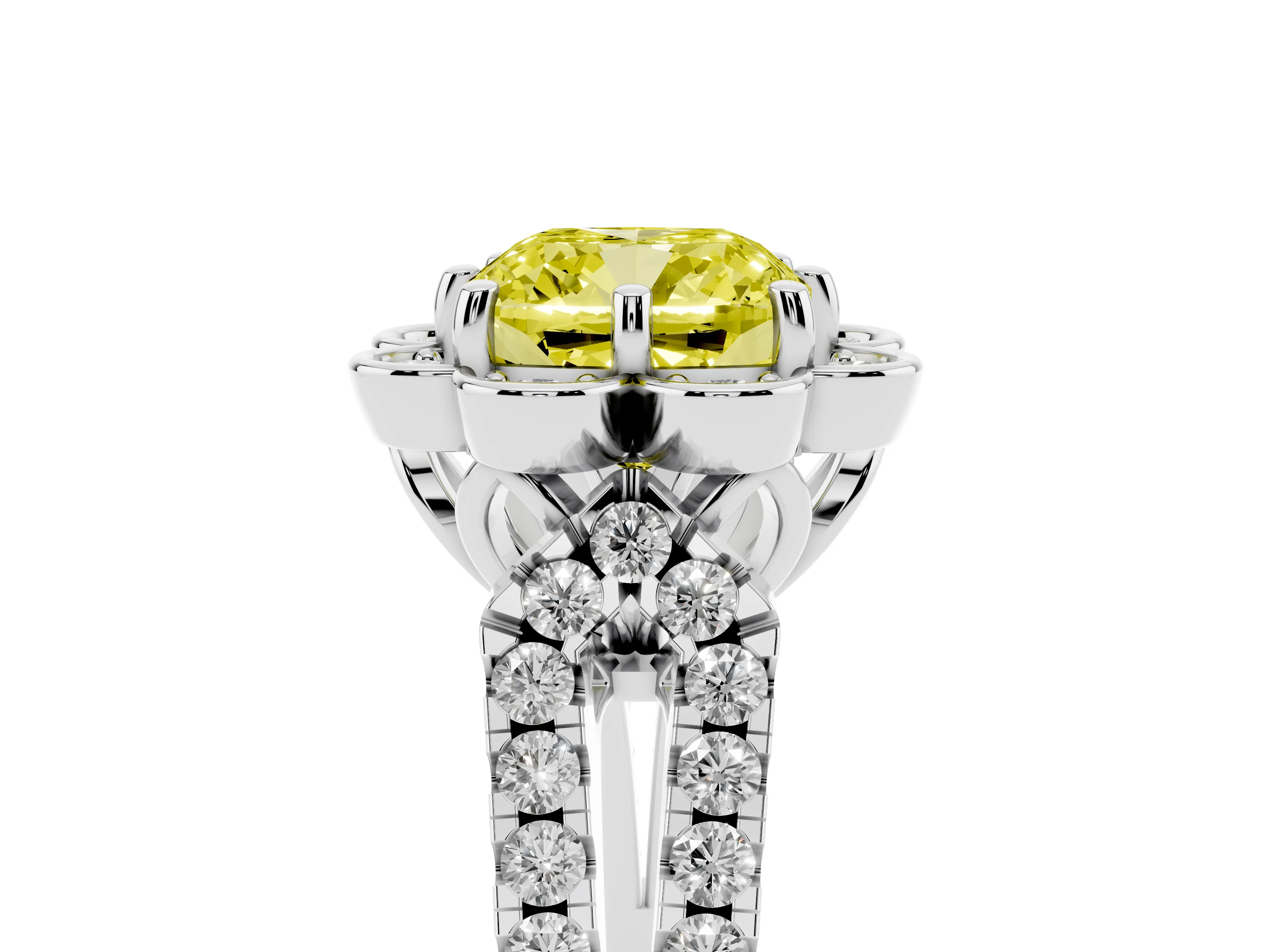 Fancy Yellow Cushion Cut Diamond Floral Halo Split Shank Engagement Ring Set in Silver with Pavé Shank