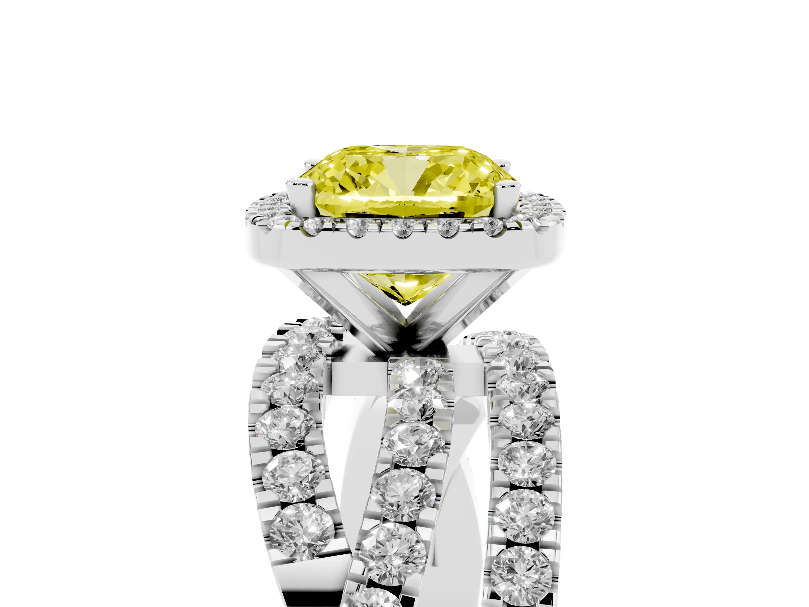 Fancy Yellow Cushion Cut Diamond Halo Ring Set in Platinum with Round Crossover Split Shank and Prong Setting