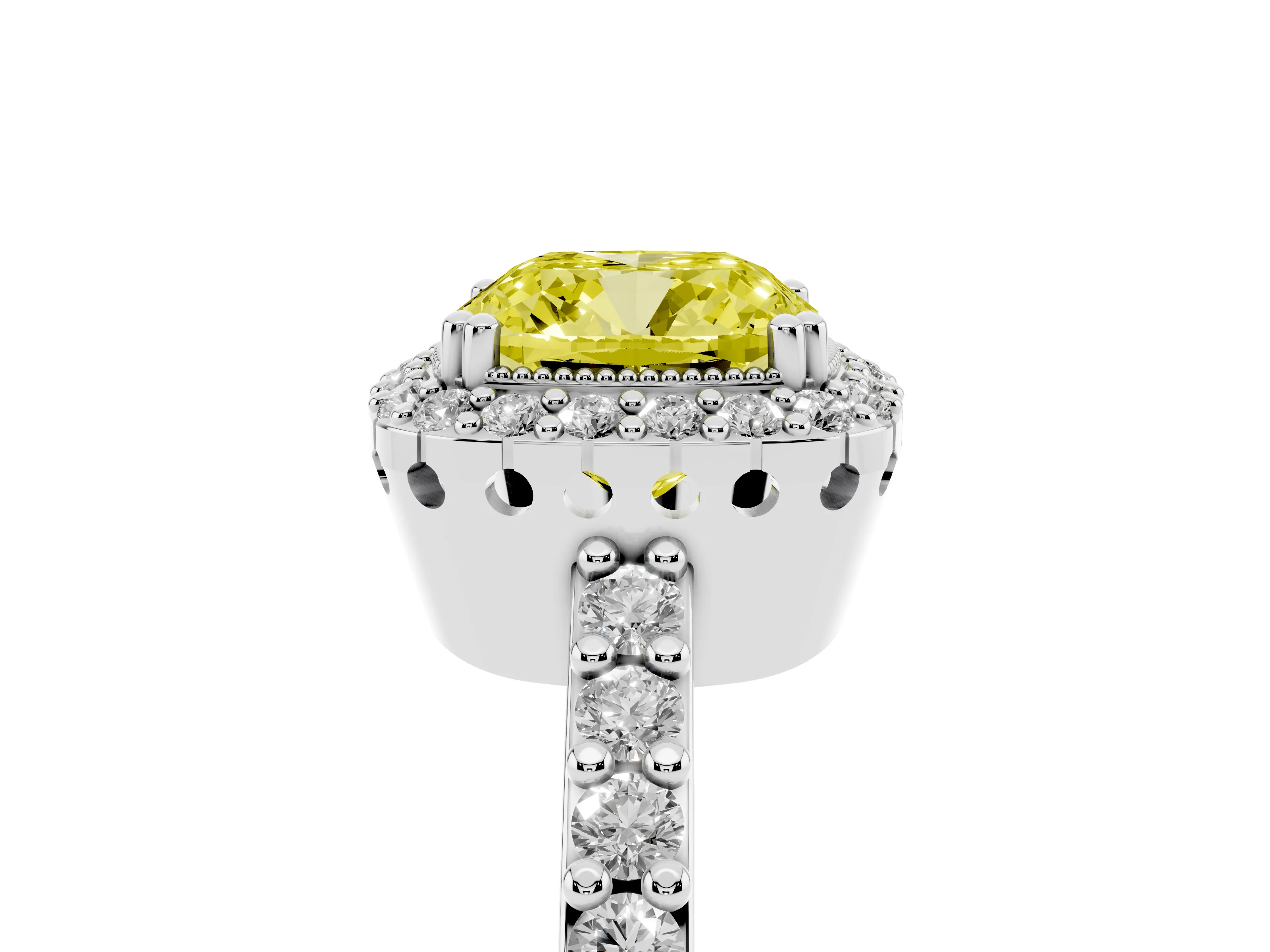 Fancy Yellow Cushion Cut Diamond Halo Engagement Ring Set in Silver with Milgrain Detail and Pavé Band