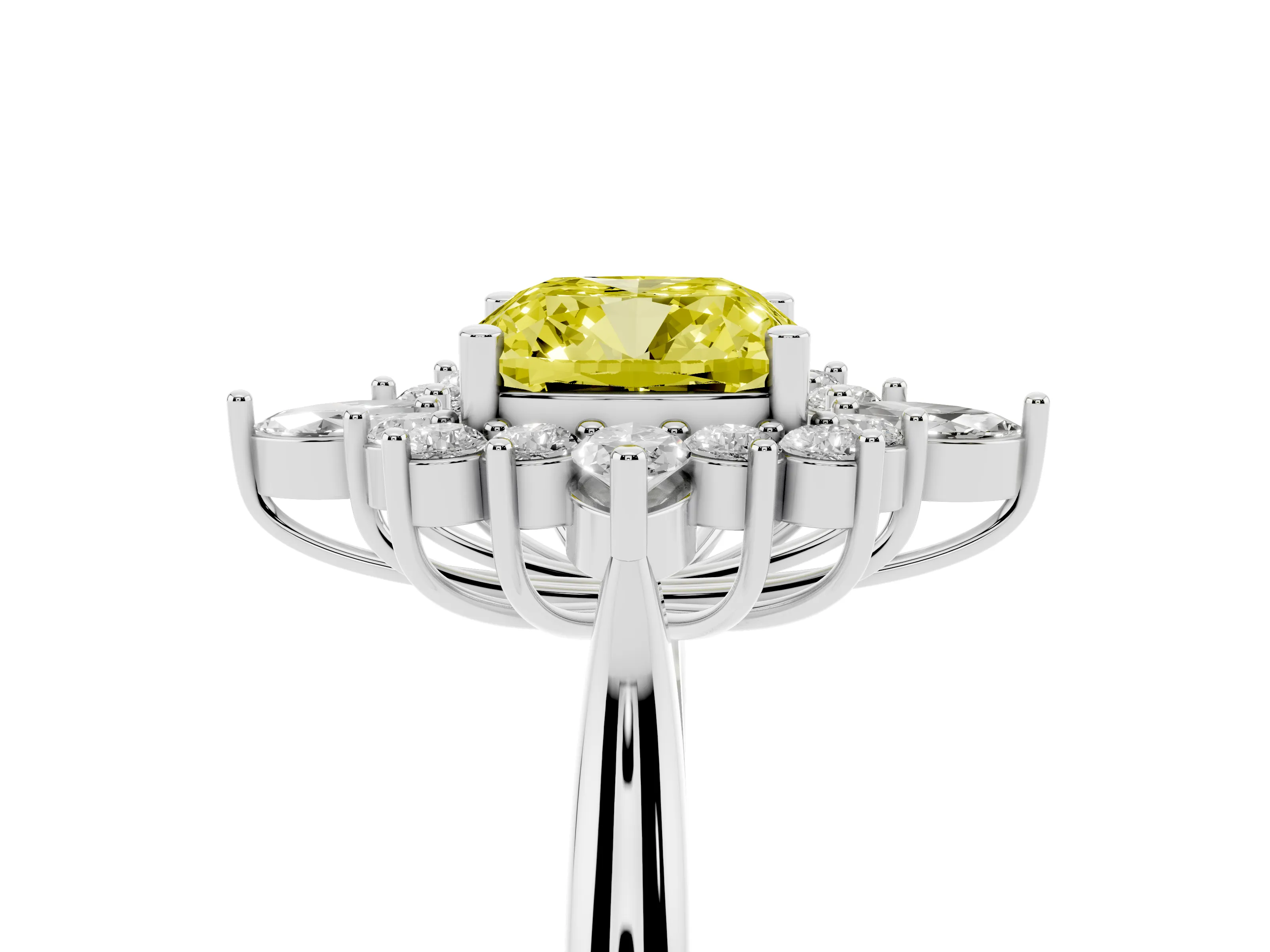 Fancy Yellow Cushion Cut Diamond Cluster Halo Ring Set in Silver with Marquise and Round Accents